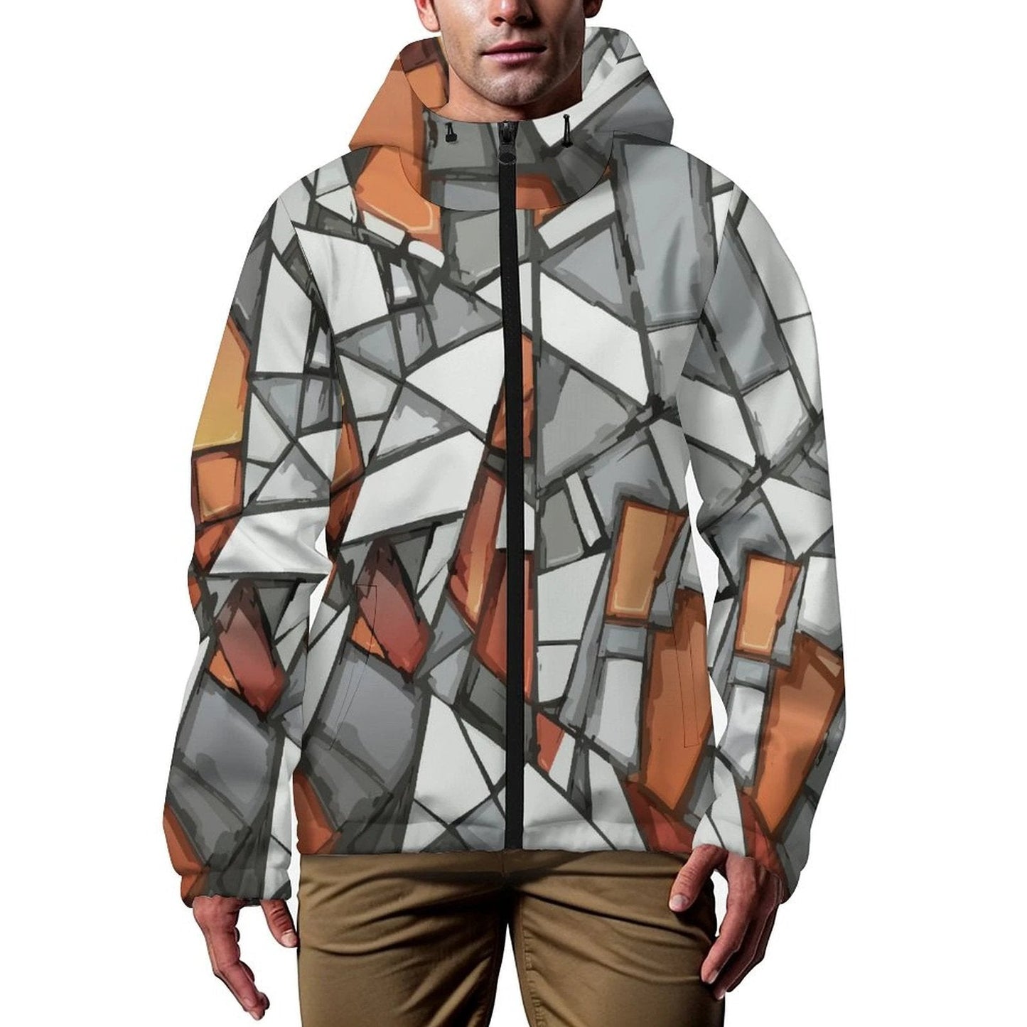 Shattered Mosaic Hooded Trench Coat — Stone & Amber Stained-Glass AOP Short Rain Layer for Urban Rebels