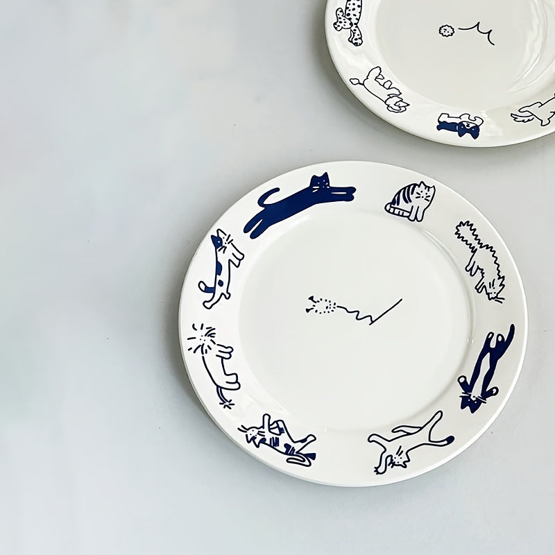 Vintage Cute Kitten Puppy Blue Breakfast Ceramic Plate - DO2K