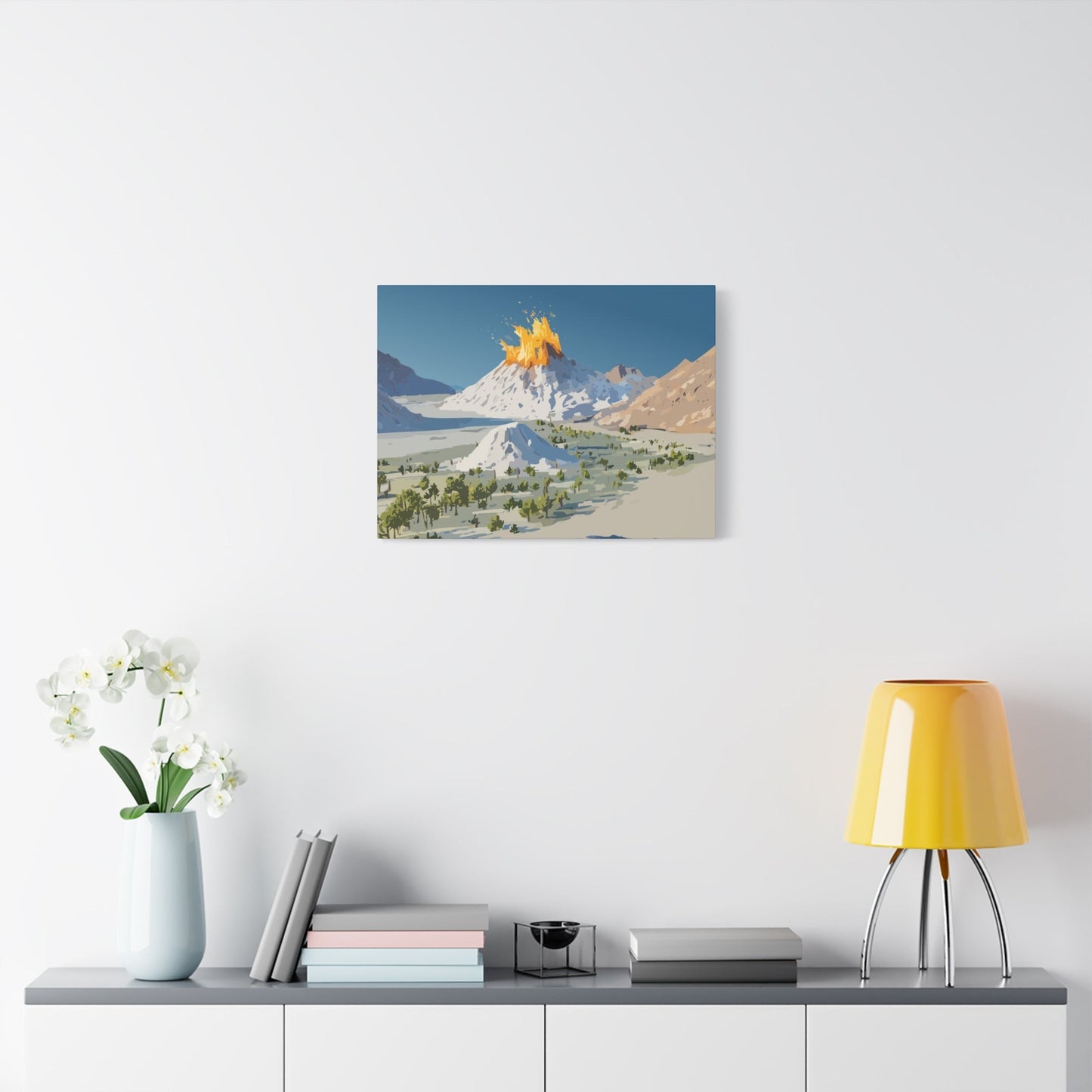 Tropical Volcano Eruption Canvas Wall Art | Stylized National-Park Vector Print on FSC-Certified Stretched Matte Canvas — Mystery Island Decor