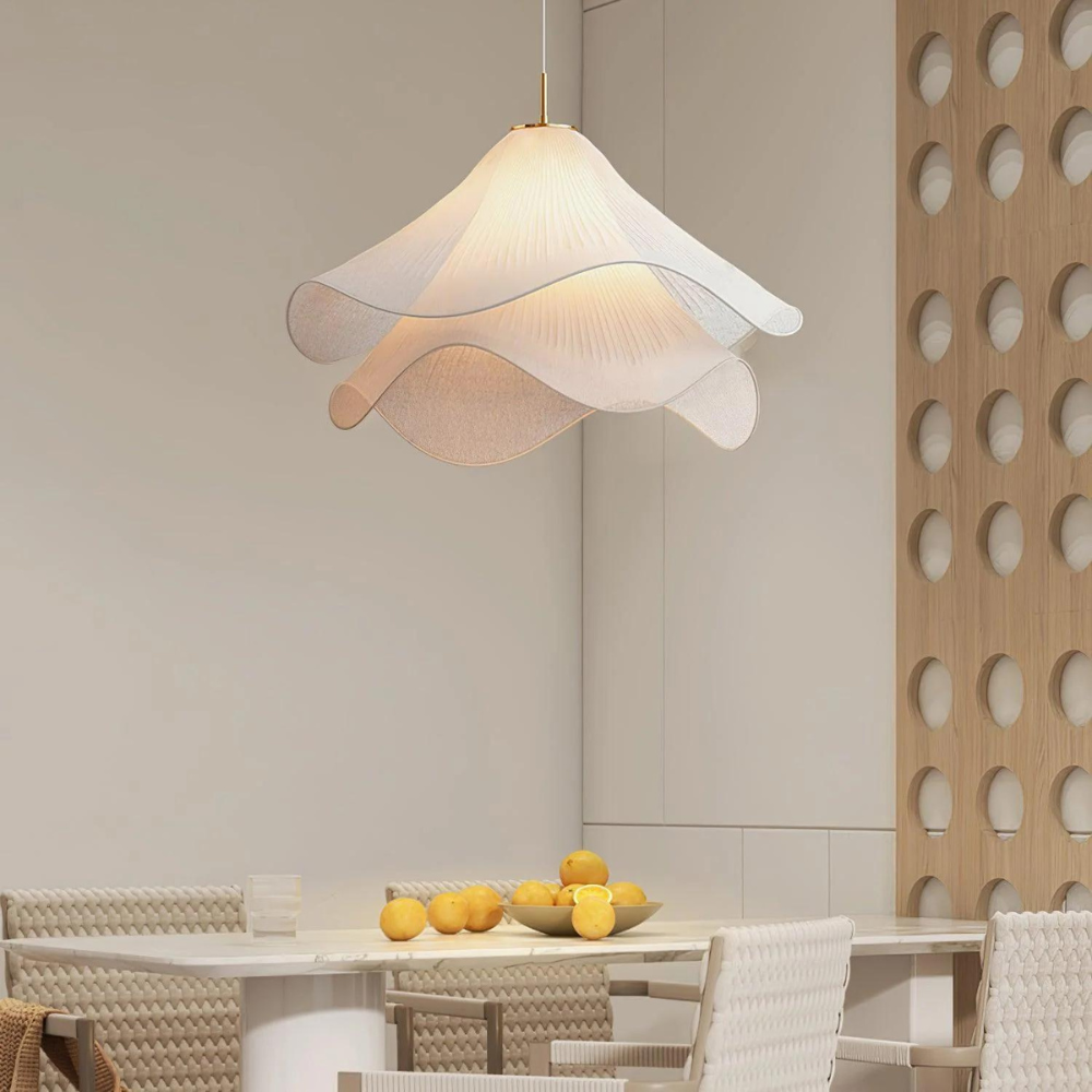 White Japandi Fabric pendant lights LED Light With Wavy Shade
