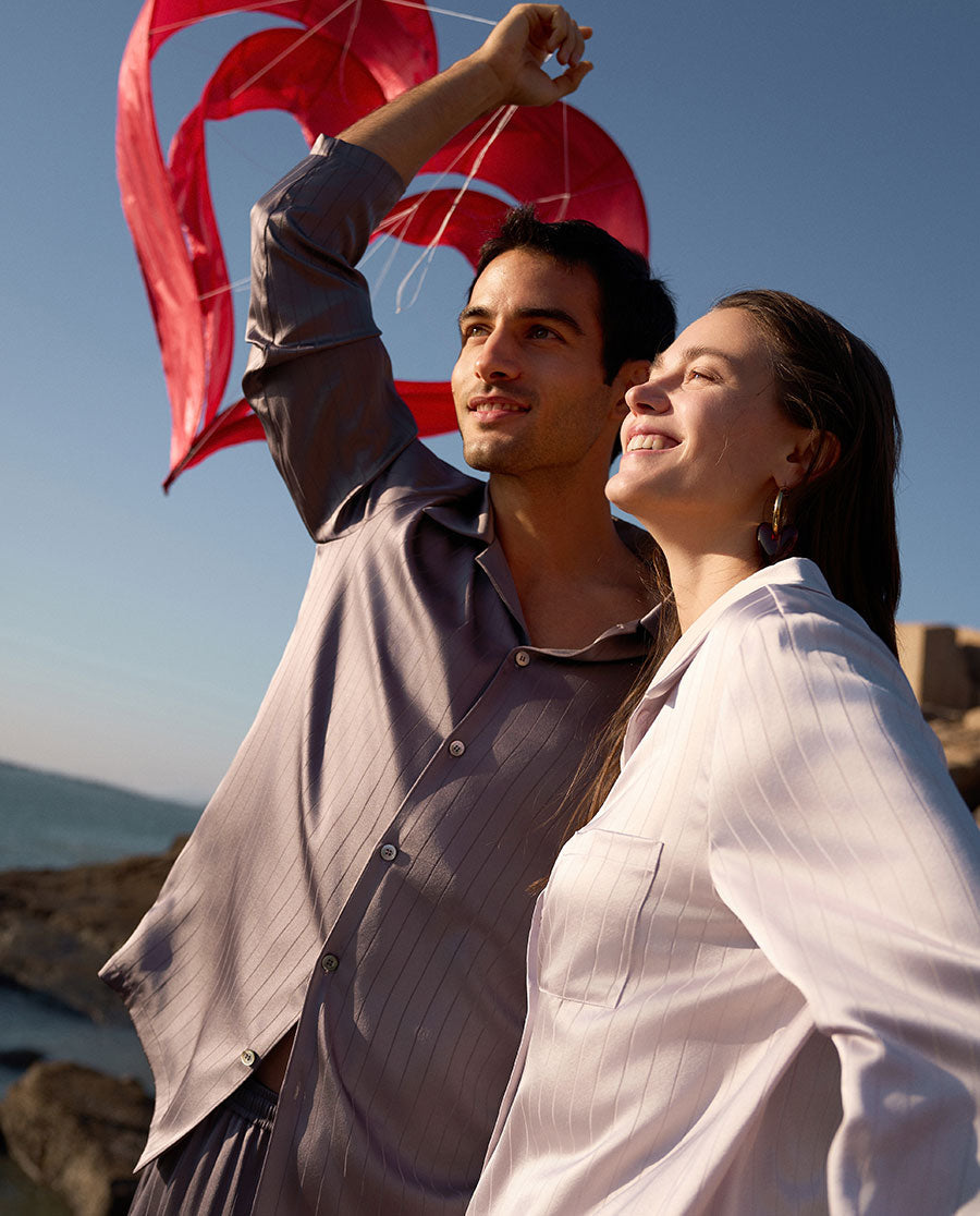 Aimer Men Mulberry Silk Camp Collar Pajama Top