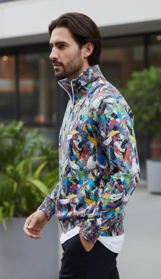 Digital Impasto Paint Stroke Half-Zip for Fine Artists and Curators — 310gsm 100% Cotton Premium Pullover, Stand-Up Collar Art Statement