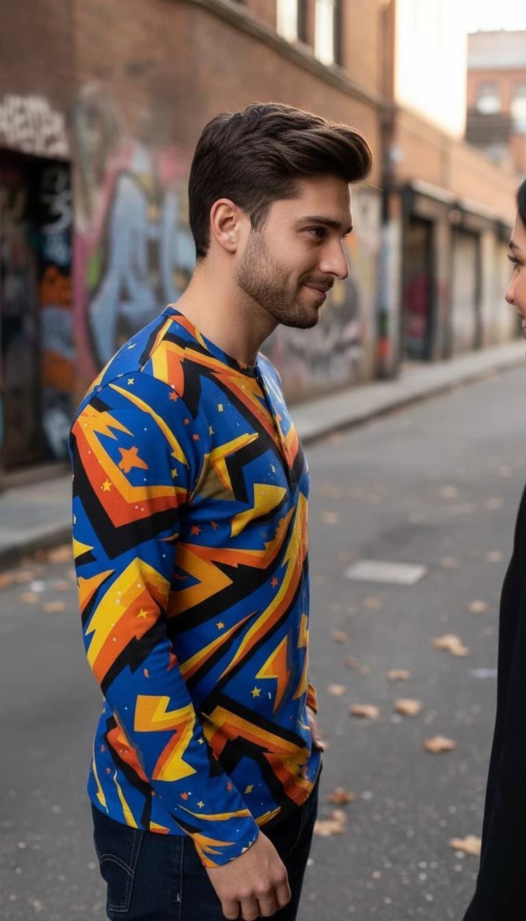 Men's Lightning AOP Henley Shirt for Maximalist Cyberpunk Streetwear Dressers — Long Sleeve Bold Print Statement Top