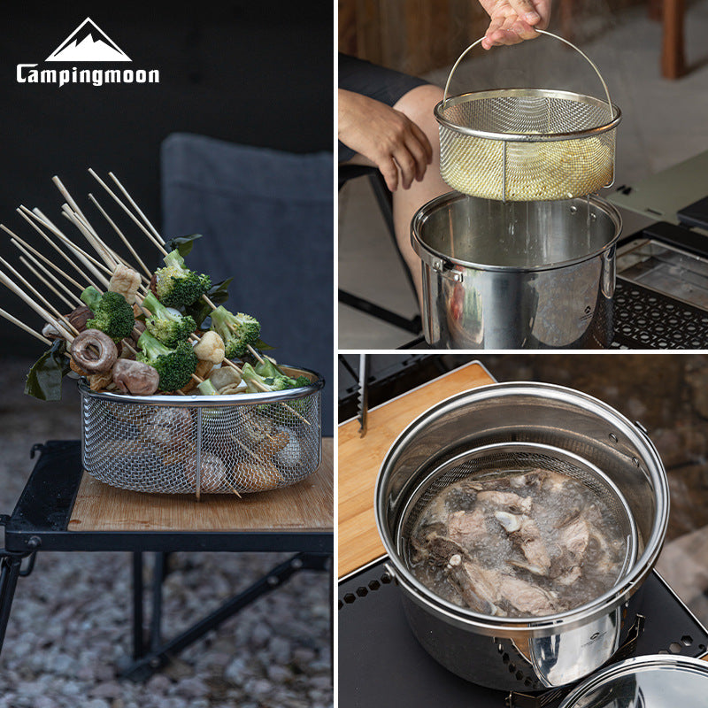 Campingmoon CC-22 Stainless Steel Drain Basket Portable Lightweight Round Mesh Net Strainer For Washing Draining Foods Folding Handle Filter Basket