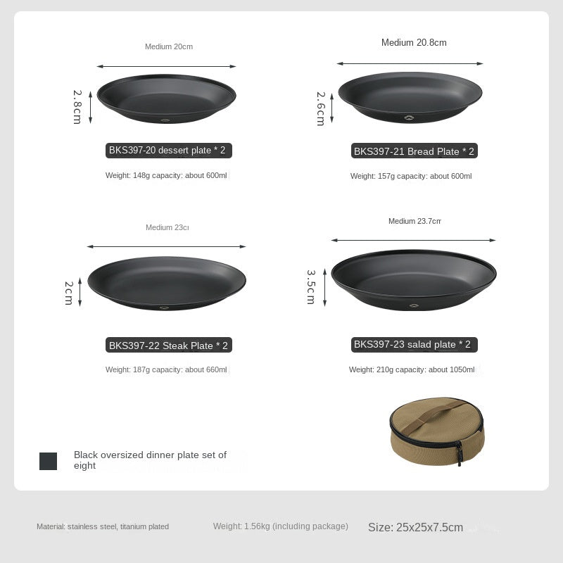 Campingmoon BKS397-1/2S Black Dinner Plate Sets Large 4/8pcs Sets Stainless Steel Outdoor Camping Dish Plate Dining Utensil With Storage Bag