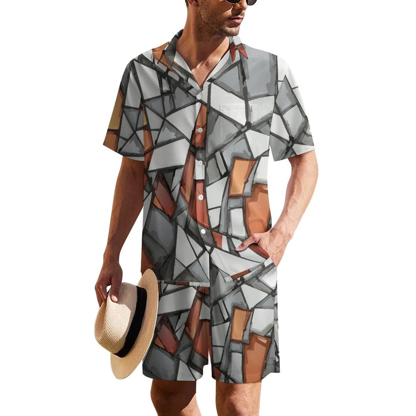 Shattered Mosaic Shirt & Shorts Set — Stone & Amber Fragment AOP Matching Two-Piece Summer Fit