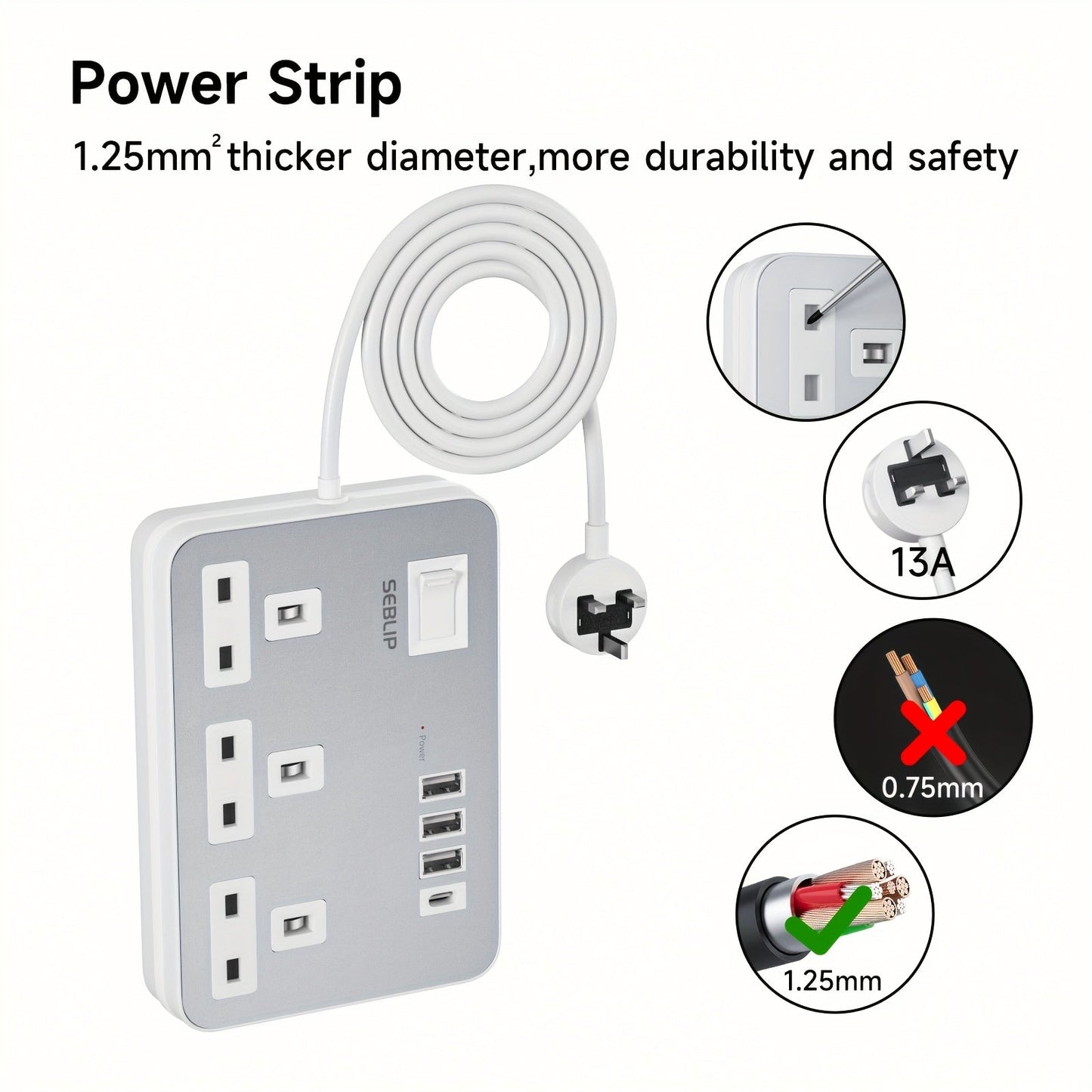 7in1 Flat Plug Power Strip- HMT17PP