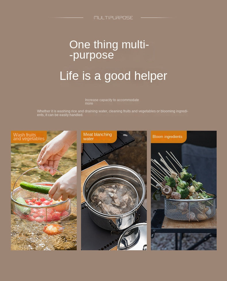 Campingmoon CC-22 Stainless Steel Drain Basket Portable Lightweight Round Mesh Net Strainer For Washing Draining Foods Folding Handle Filter Basket