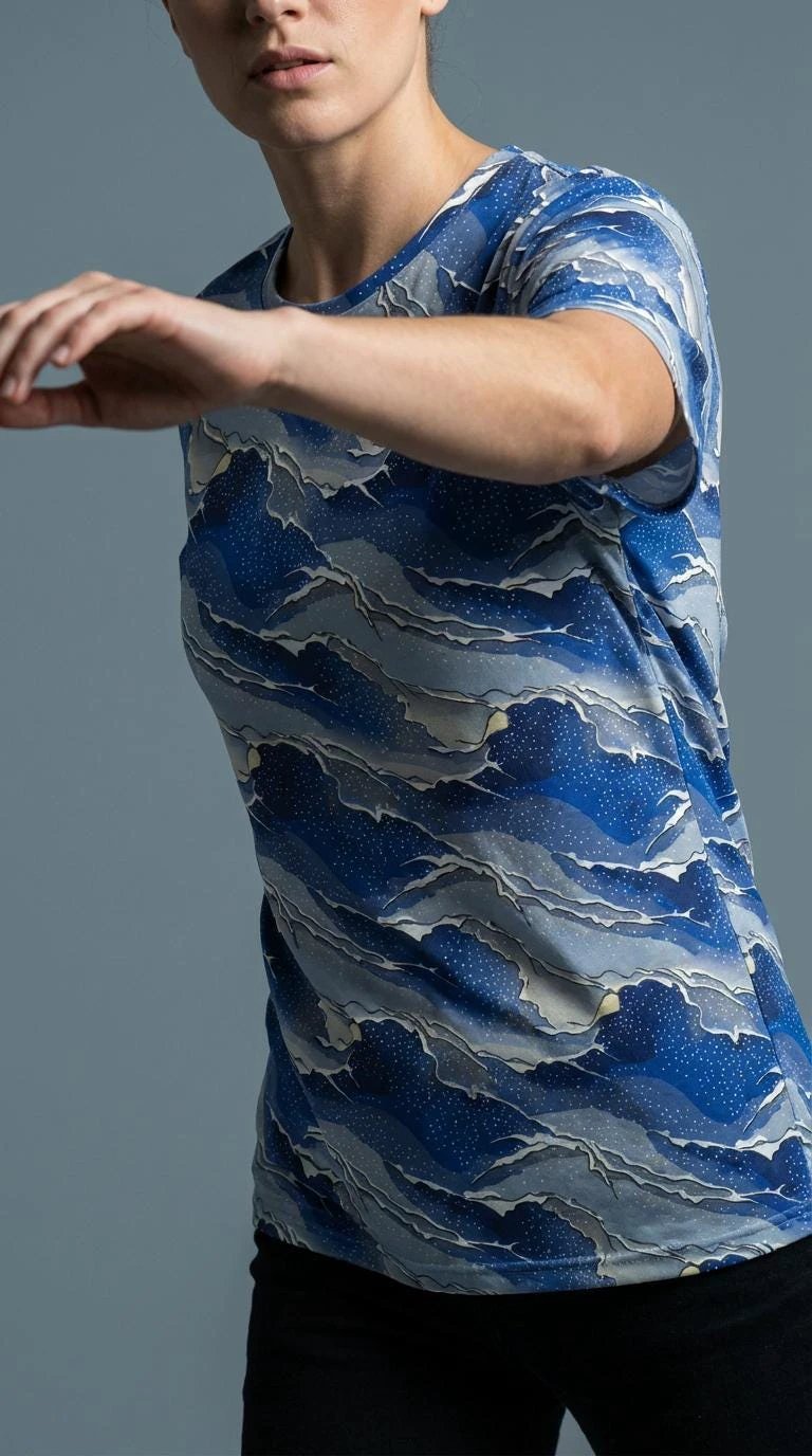 Seigaiha Wave AOP T-Shirt | Blue Geometric Pattern 140g