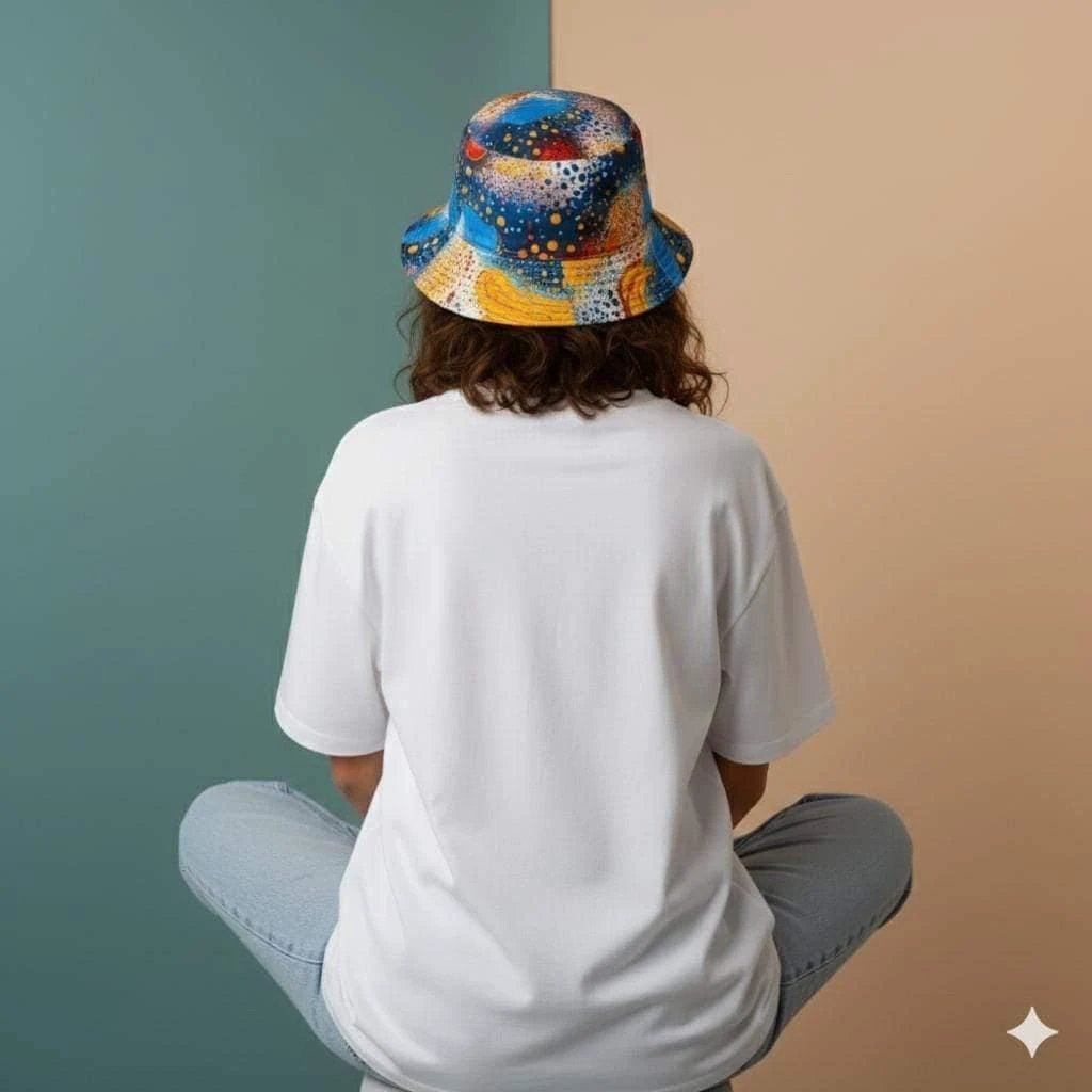Cosmic Dot Painting Galaxy Bucket Hat for Astronomy + Festival Lovers — AOP Space Pattern Sun Hat, Made in USA, 3-Size Fit