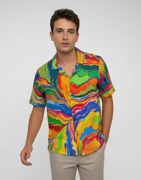 Psychedelic Swirl Camp Shirt - Vibrant Maximalist Hawaiian Shirt for Summer Festivals