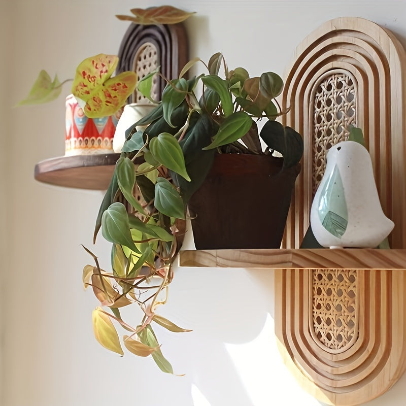 Rustic Wooden Wall-Mounted Shelf with Hooks - UIG9