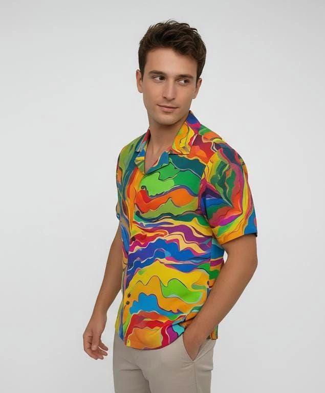 Psychedelic Swirl Camp Shirt - Vibrant Maximalist Hawaiian Shirt for Summer Festivals