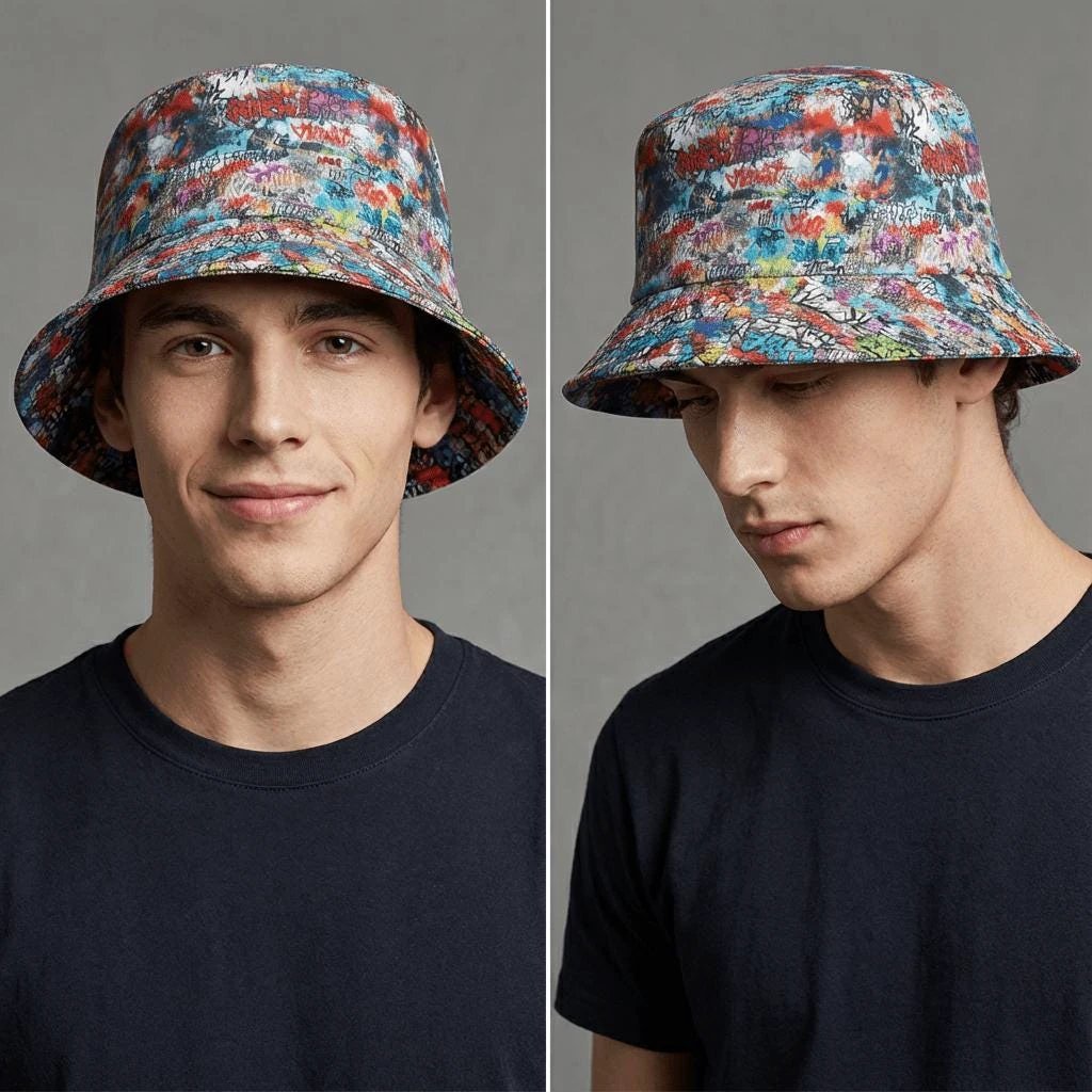 Graffiti Print AOP Bucket Hat | Maximalist All-Over Print Urban Festival Sun Hat