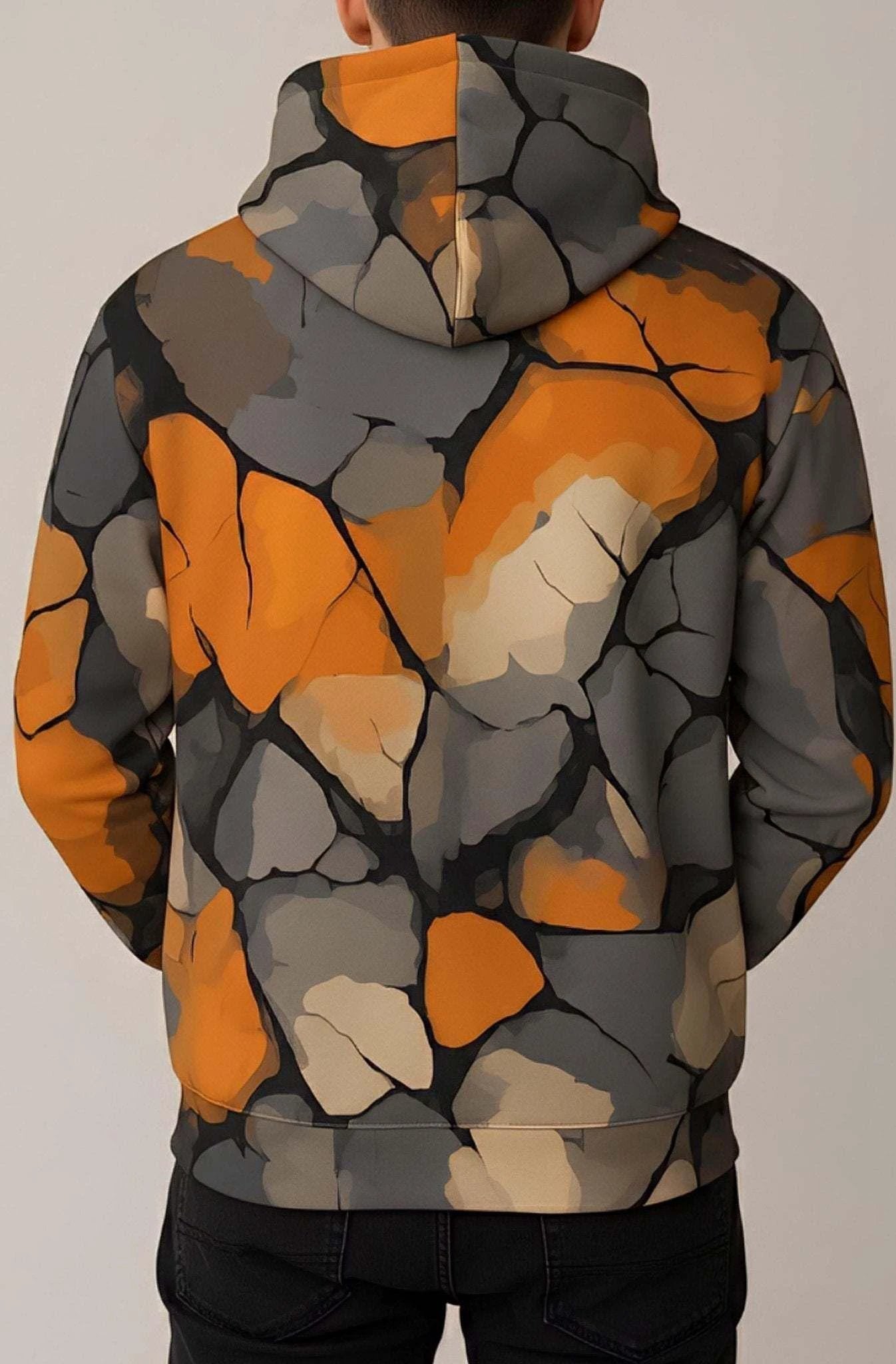 Maximalist Shattered Glass AOP Hoodie for Bold Streetwear Fans — Heavyweight Primal Print Pullover, Orange Black Halloween Fall Statement
