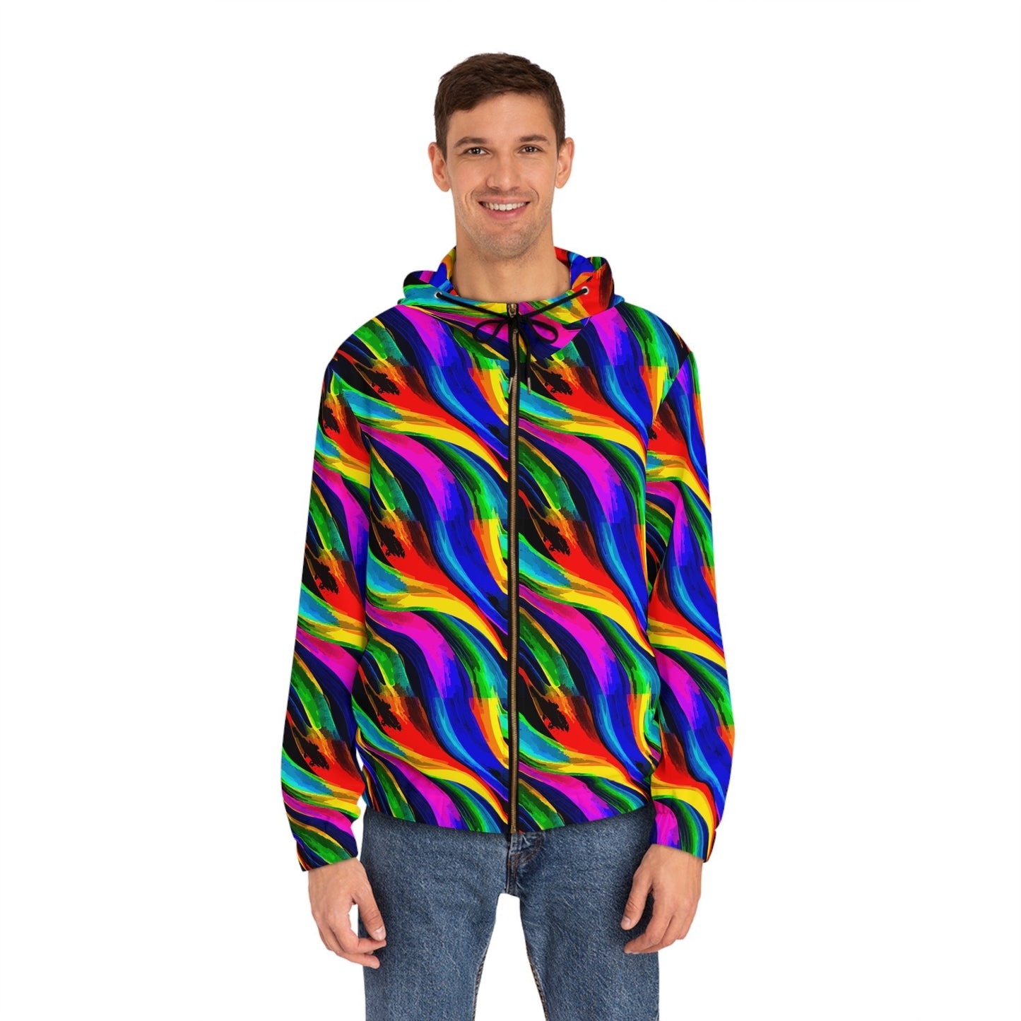 Vibrant Abstract AOP Full-Zip Hoodie – Gold Zipper, Black & White