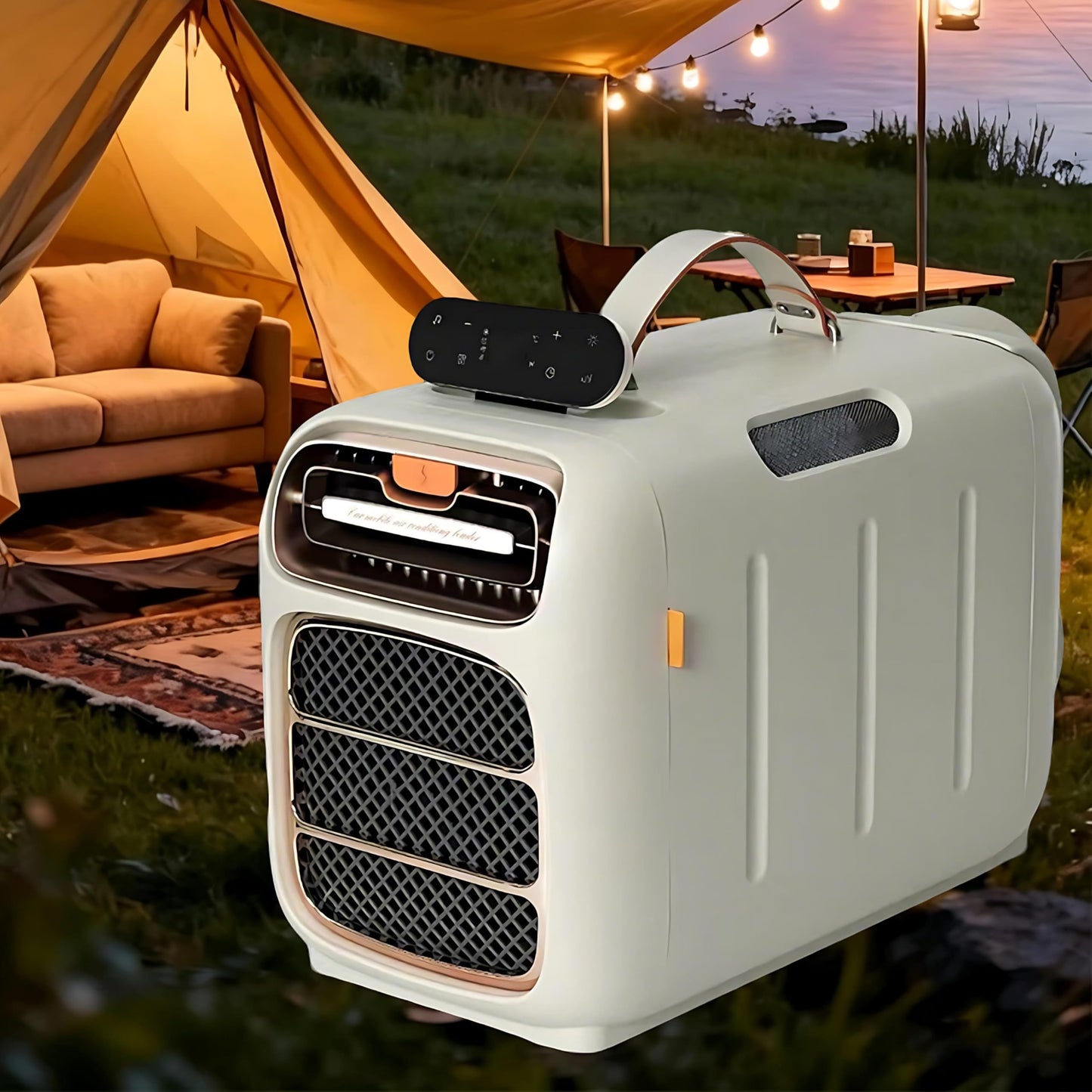 Portable camping AC unit, adjustable 16–32°C, 3 fan speeds, for tents, RVs & trucks