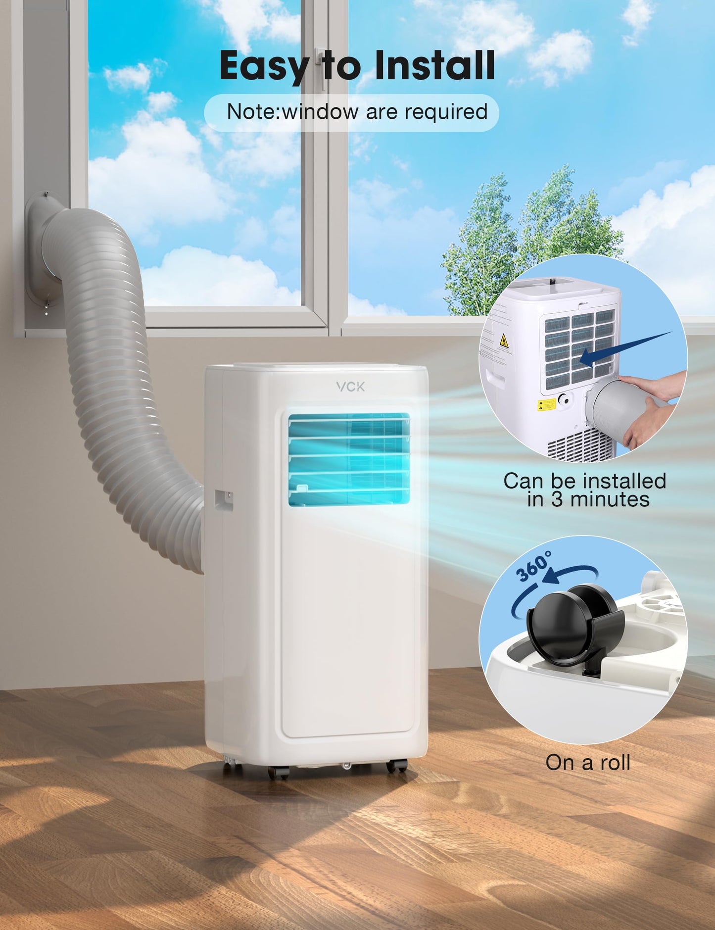 VCK 8000 BTU portable AC, 4-in-1 cooling, fan & dehumidifier, quiet operation, for 350 sq.ft rooms