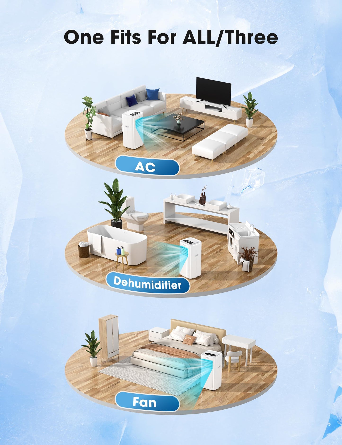 VCK 8000 BTU portable AC, 4-in-1 cooling, fan & dehumidifier, quiet operation, for 350 sq.ft rooms