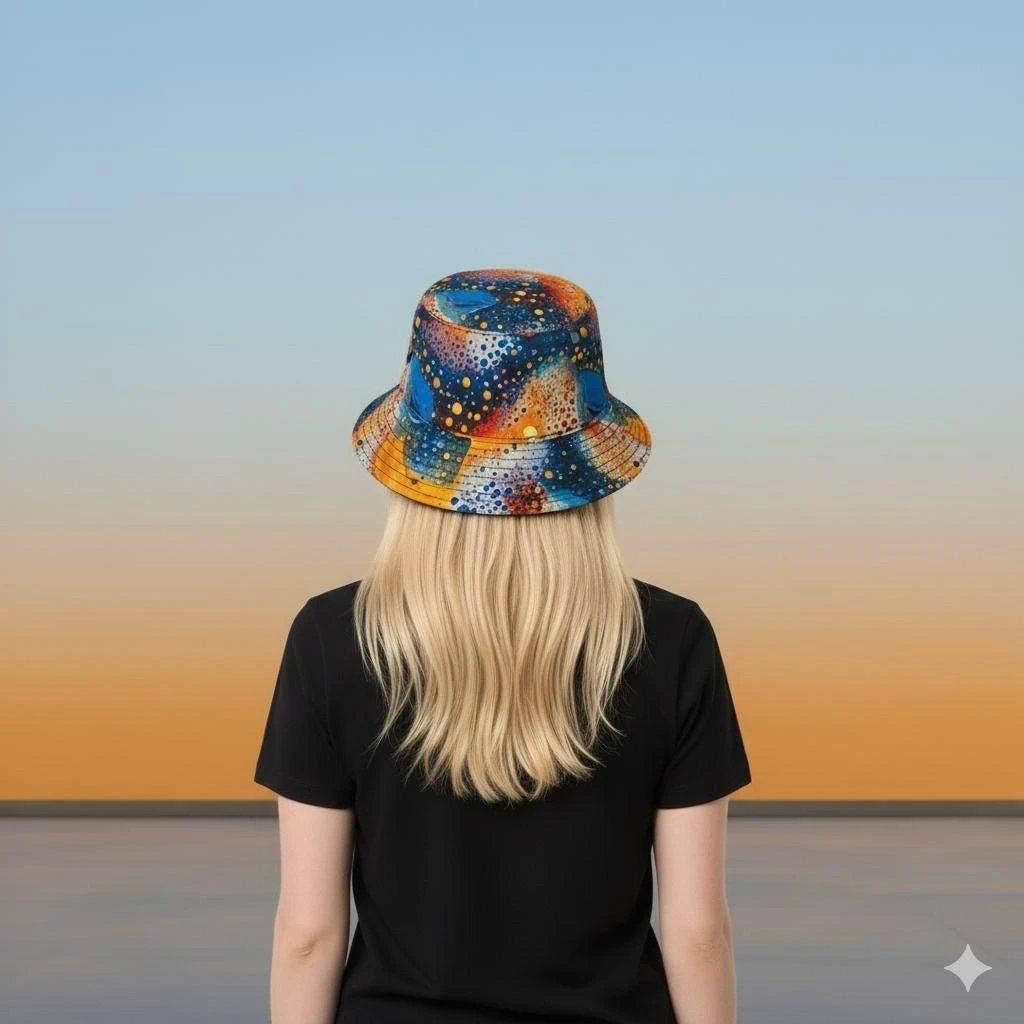 Cosmic Dot Painting Galaxy Bucket Hat for Astronomy + Festival Lovers — AOP Space Pattern Sun Hat, Made in USA, 3-Size Fit