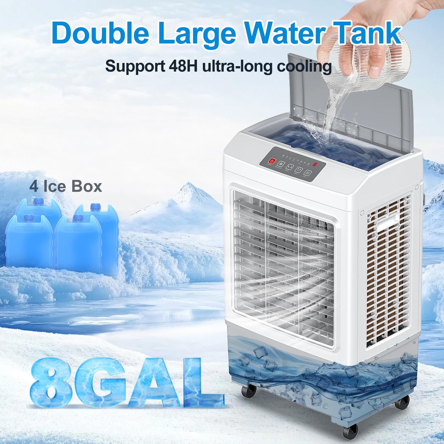 3-in-1 evaporative air cooler, remote control, 5.3-gal tank, timer, for home & outdoor use