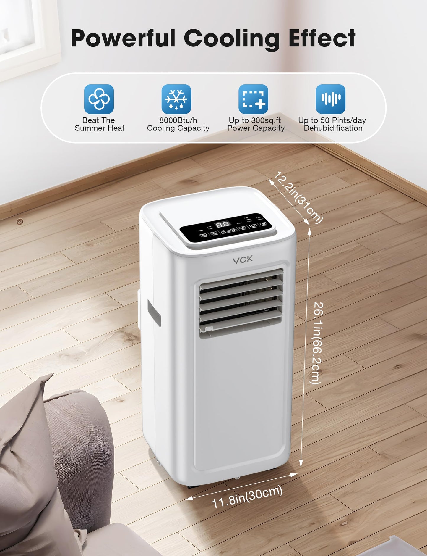 VCK 8000 BTU portable AC, 4-in-1 cooling, fan & dehumidifier, quiet operation, for 350 sq.ft rooms