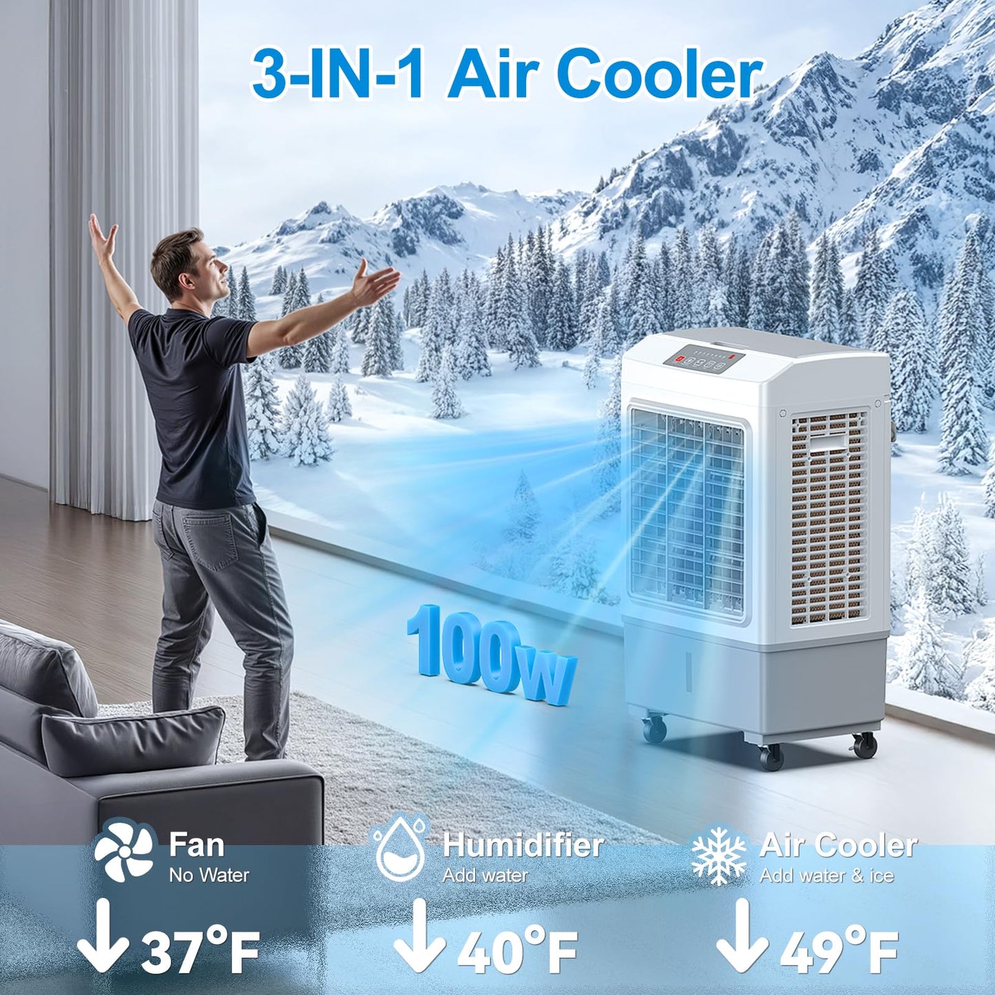 3-in-1 evaporative air cooler, remote control, 5.3-gal tank, timer, for home & outdoor use