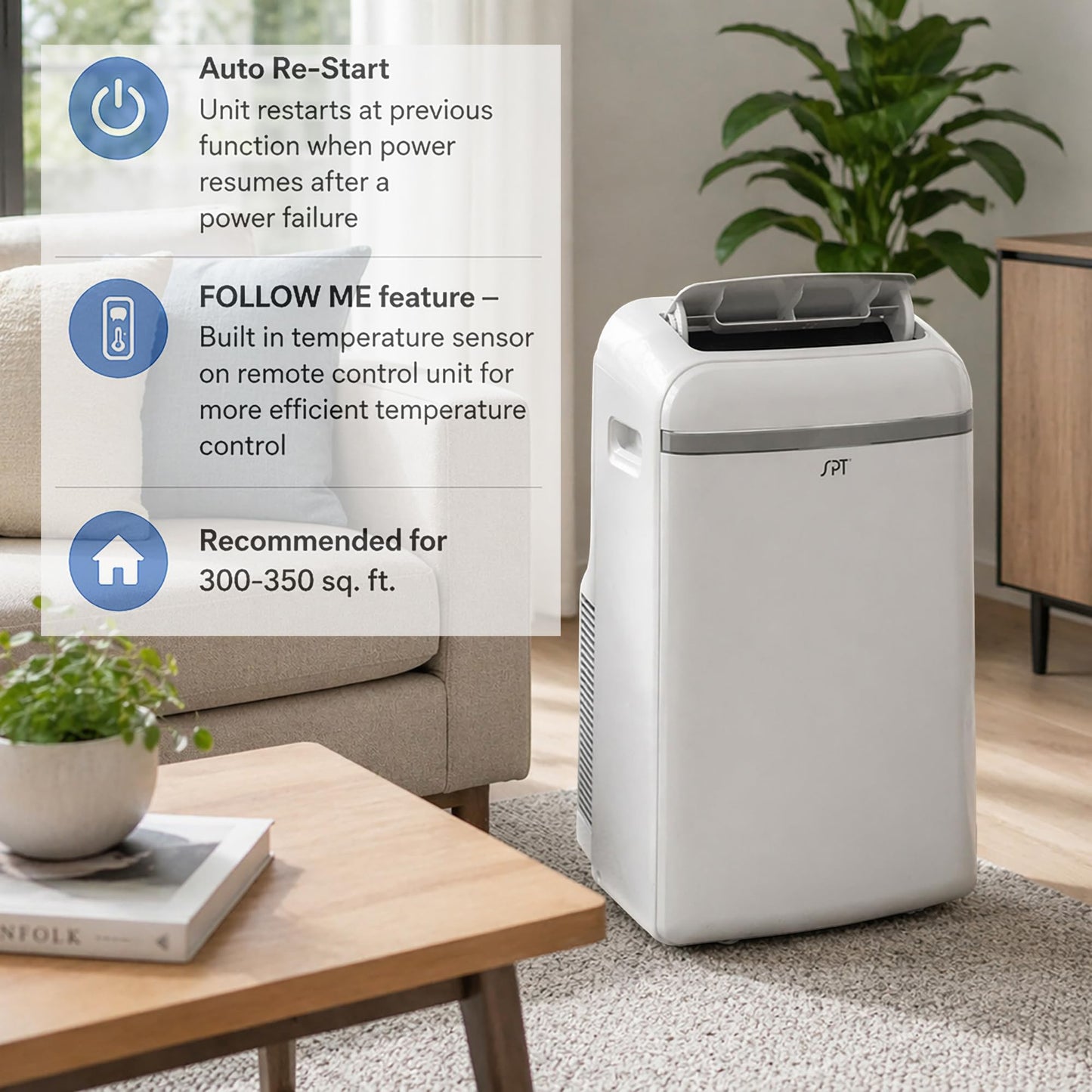 SPT 13,500 BTU portable AC, cooling/dehumidifier/fan, remote control, for 300–350 sq.ft rooms