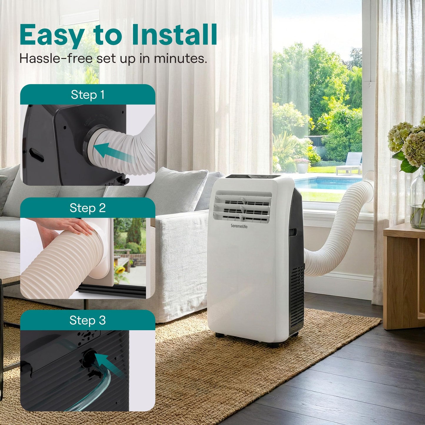SereneLife 12,000 BTU portable AC, built-in dehumidifier, remote control, for rooms up to 550 sq.ft