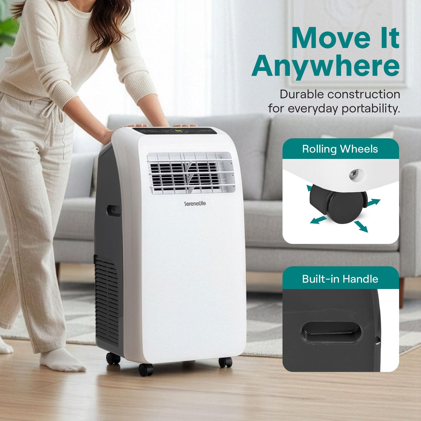 SereneLife 12,000 BTU portable AC, built-in dehumidifier, remote control, for rooms up to 550 sq.ft