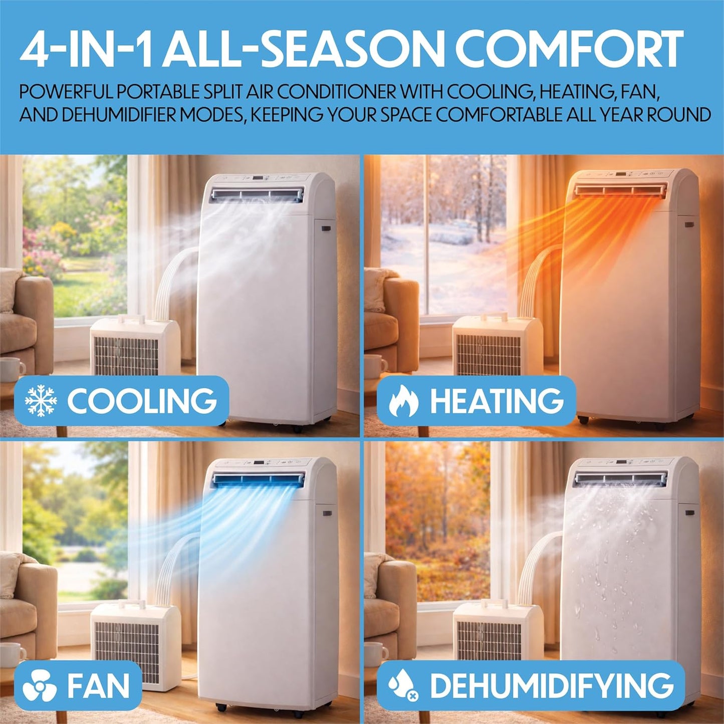Prem-i-air 12000BTU Portable Split Air Conditioner, DC Inverter, Cooling, Heating, Fan, Dehumidifying, WiFi and Remote Control, Low Noise, New R32 Refrigerant,