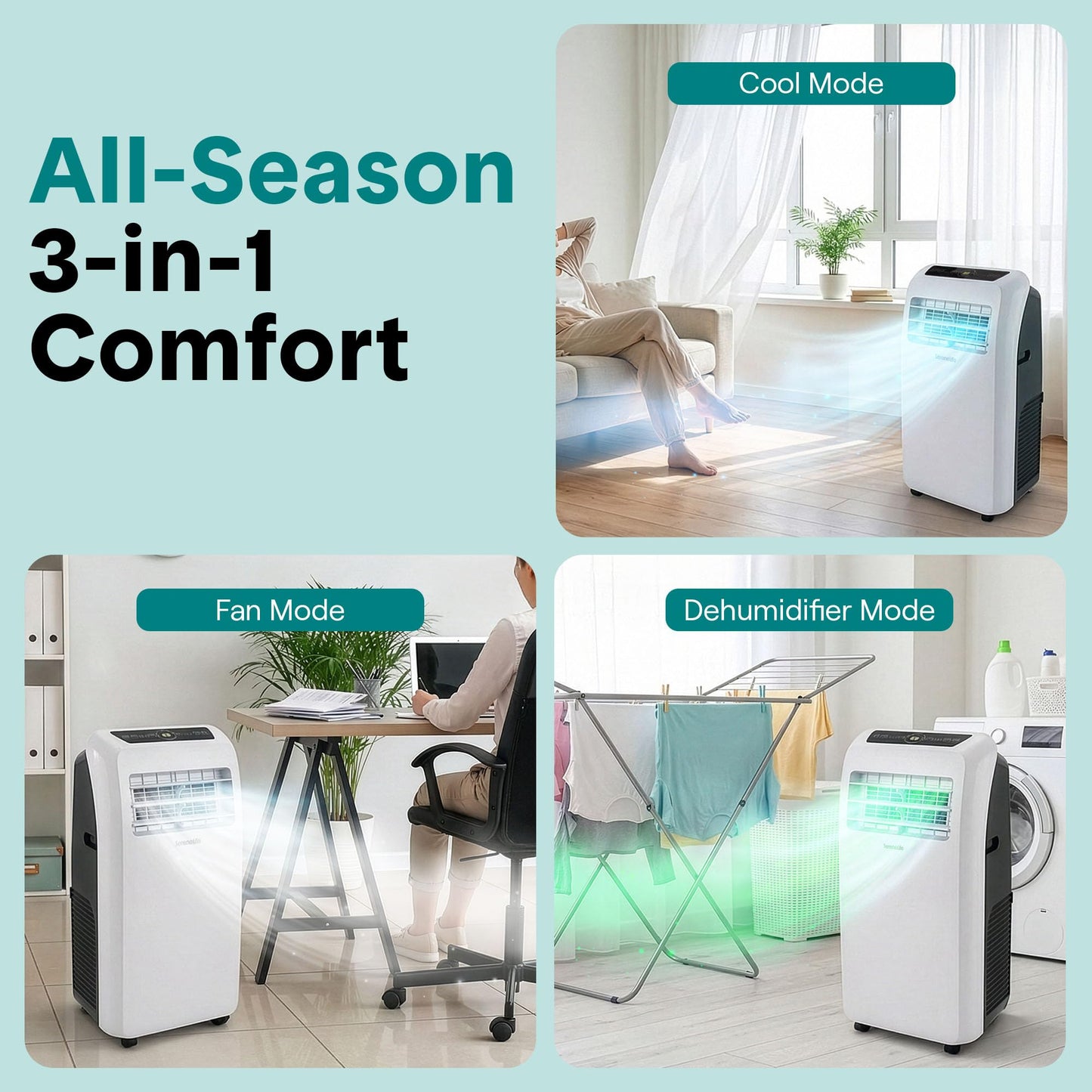 SereneLife 12,000 BTU portable AC, built-in dehumidifier, remote control, for rooms up to 550 sq.ft