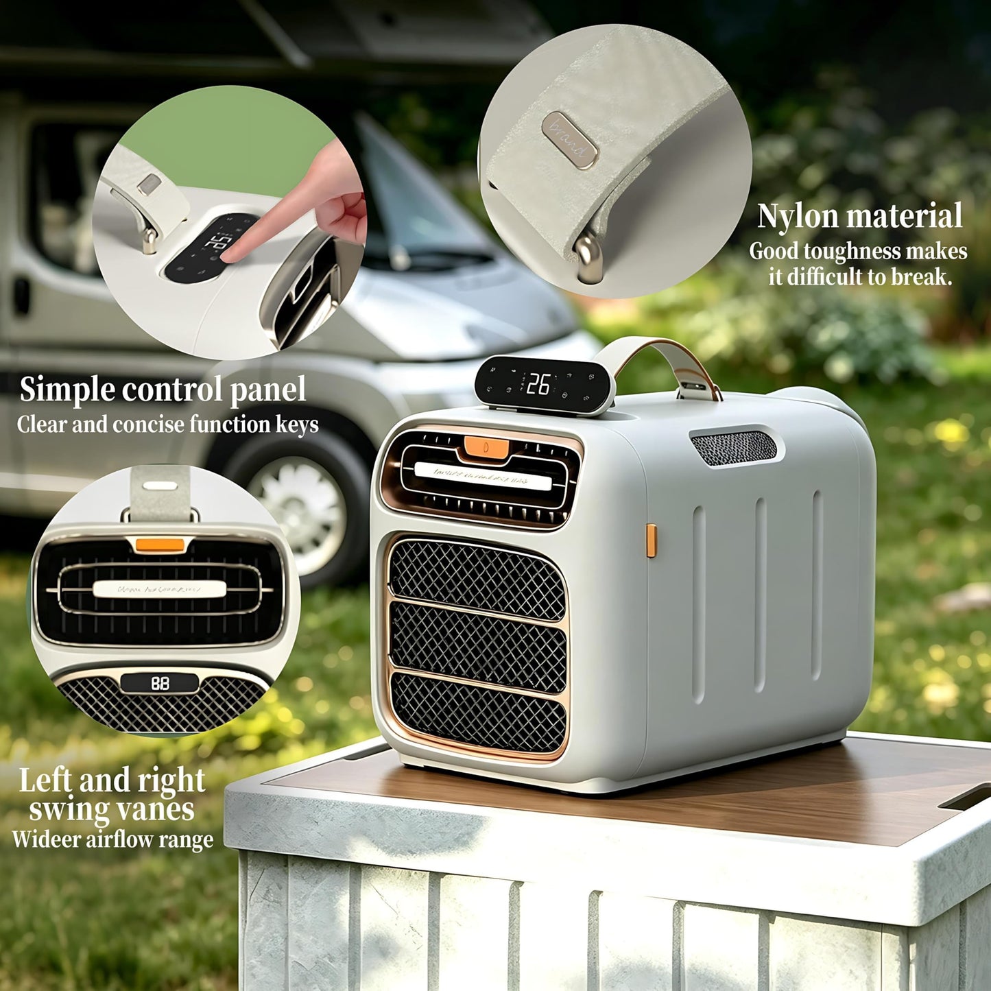 Portable camping AC unit, adjustable 16–32°C, 3 fan speeds, for tents, RVs & trucks