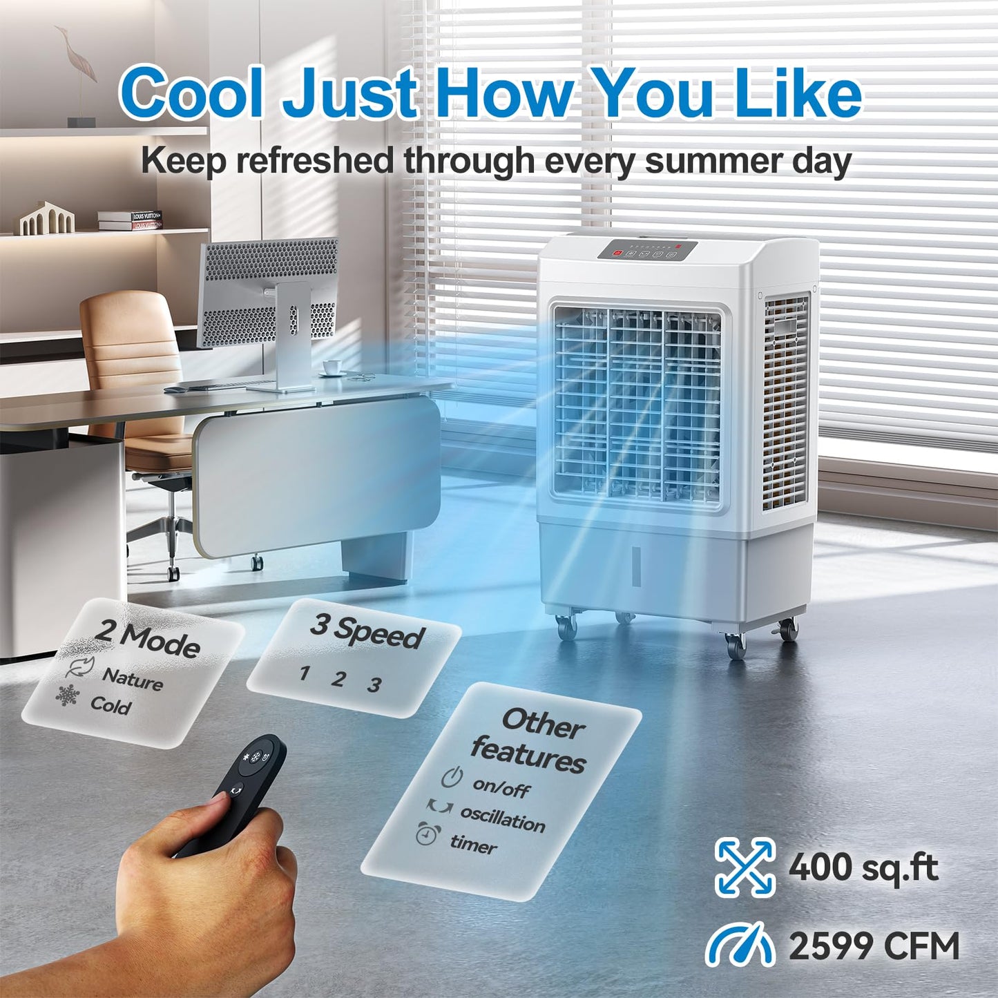 3-in-1 evaporative air cooler, remote control, 5.3-gal tank, timer, for home & outdoor use
