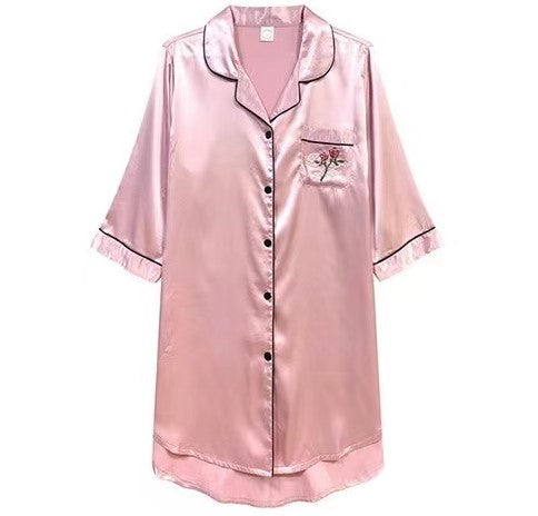 Comfy Rose Embroidery Silk Pajama Dress #70520