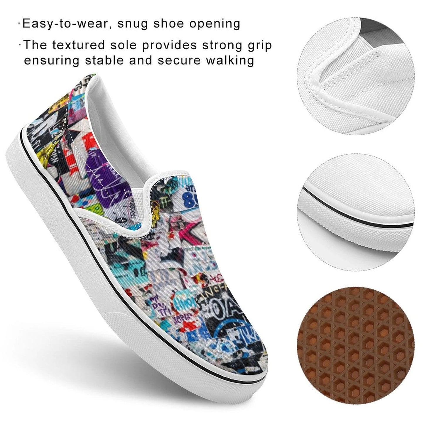 Sticker Bomb Slip-On Shoes — Graffiti Collage AOP Canvas Sneakers, Everyday Street Art Footwear