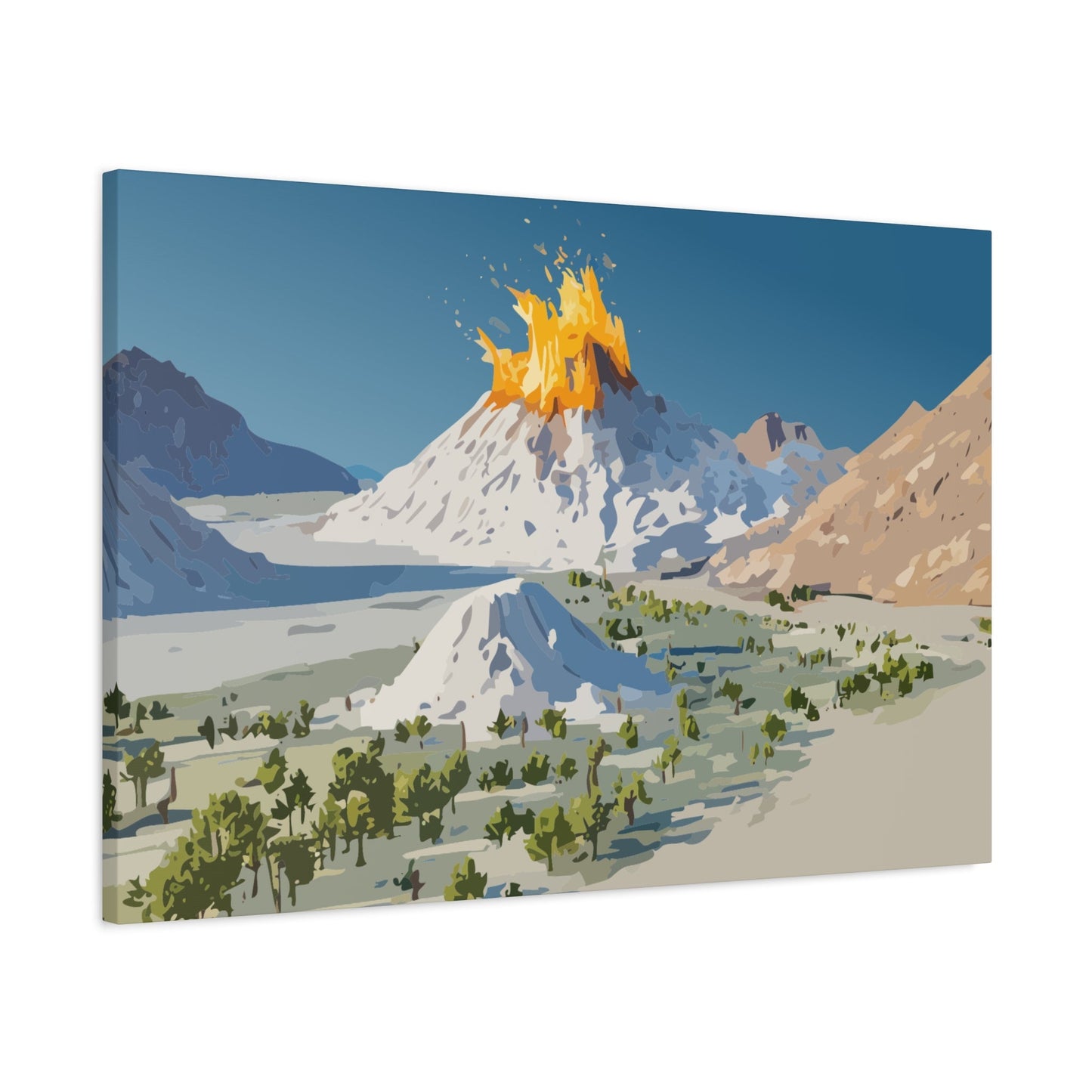 Tropical Volcano Eruption Canvas Wall Art | Stylized National-Park Vector Print on FSC-Certified Stretched Matte Canvas — Mystery Island Decor