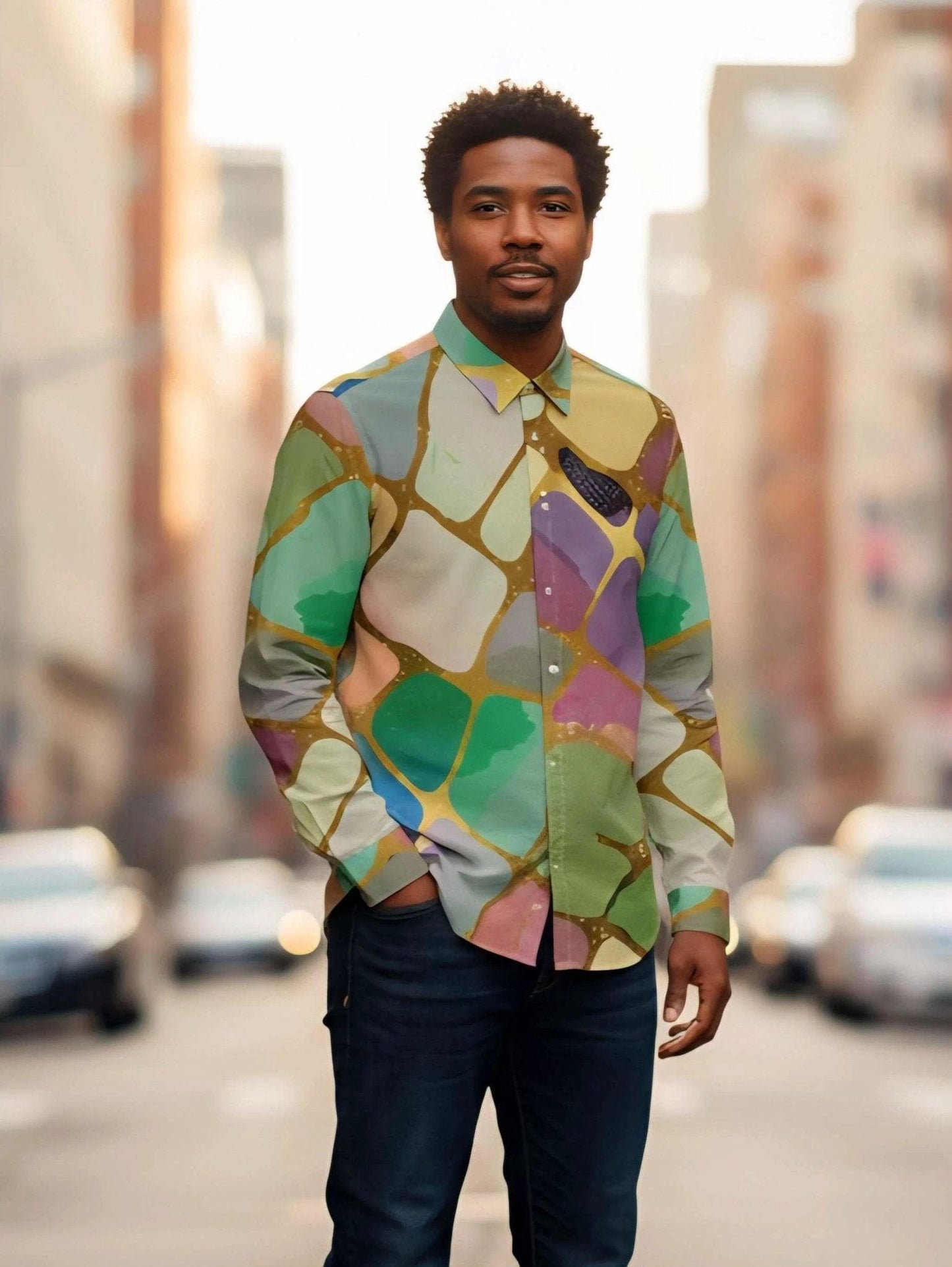 Emerald Shards Luxury Button-Down for Modern Creative Professionals — 115gsm Cotton Poplin AOP, Concealed Placket Geometric Print, Gallery Formalwear
