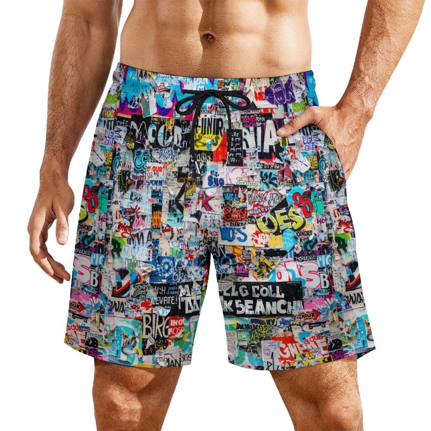 Sticker Bomb Beach Shorts with 4 Pockets — Street Collage AOP Swim-Ready Summer Shorts