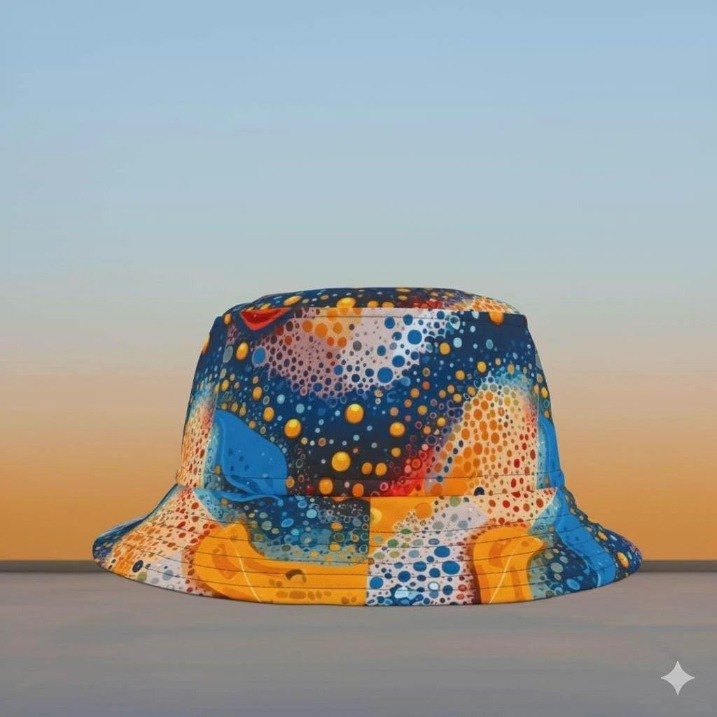 Cosmic Dot Painting Galaxy Bucket Hat for Astronomy + Festival Lovers — AOP Space Pattern Sun Hat, Made in USA, 3-Size Fit