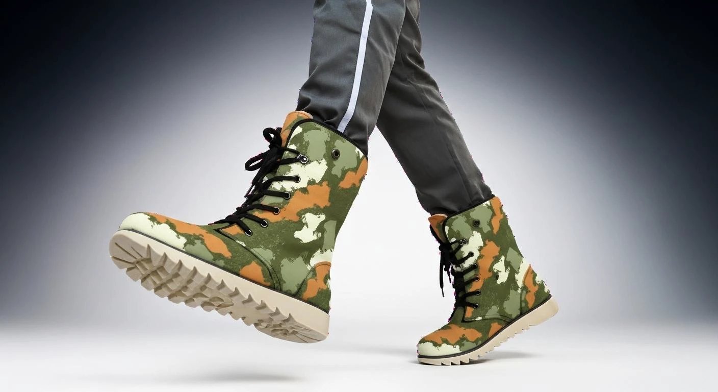Glitch Camo Combat Boots for Urban Explorers — Concrete Jungle AOP Martin-Style Boots, Plush-Lined Winter Footwear, Alt Fashion, Men's Wearable Art
