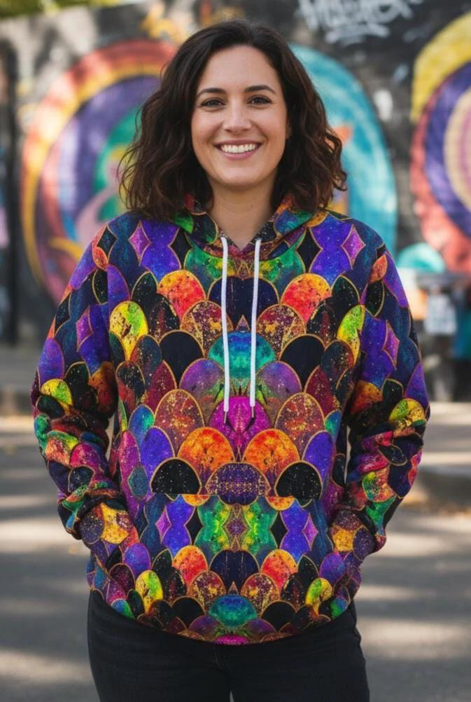 Rainbow Fish Primal Print Hoodie - Vibrant Aquatic Art Sweatshirt for Bold Streetwear
