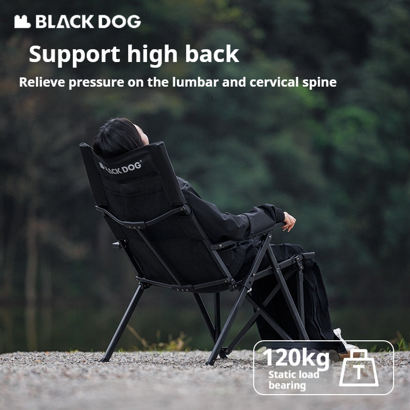 BLACKDOG High Back Folding Recliner Portable Lounger Chair High Backrest Load Bearing 120kg Carbon Steel Wood Armchair 4 Adjustable Camping Seat