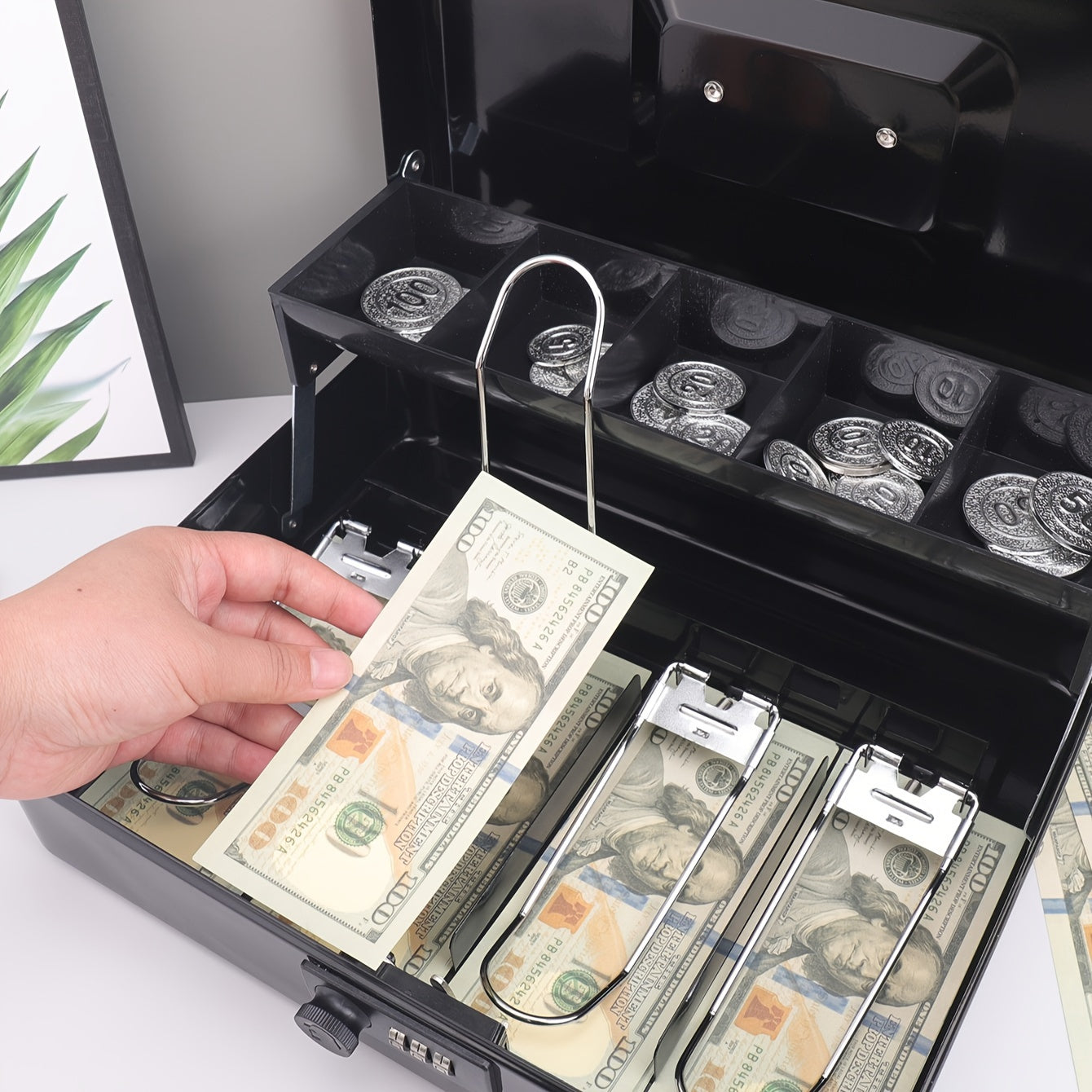 Large Portable Metal Cash Box with Lock & Tray TJR6H3S