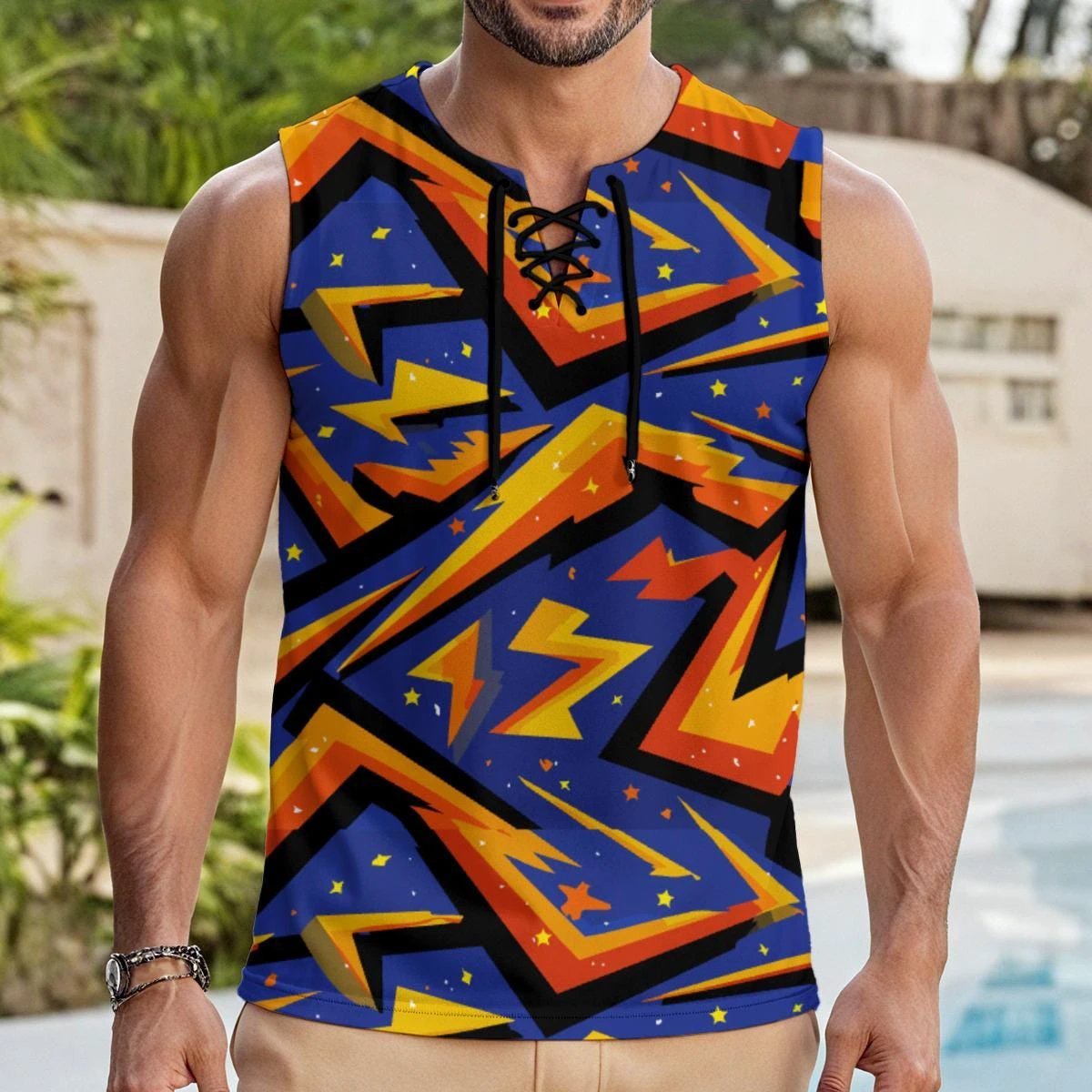 Static Shock AOP V-Neck Tank | Abstract Lightning Print Sleeveless for Festival, Gym & Street
