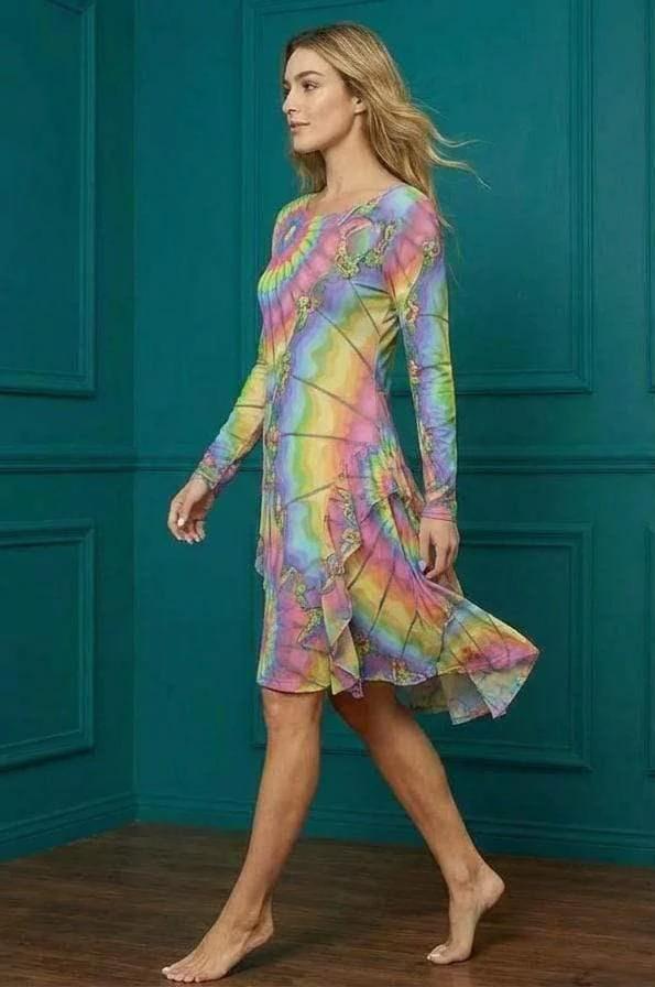 Tie-Dye Cotton Midi Dress - Radial Pastel Long Sleeve Boho Gown