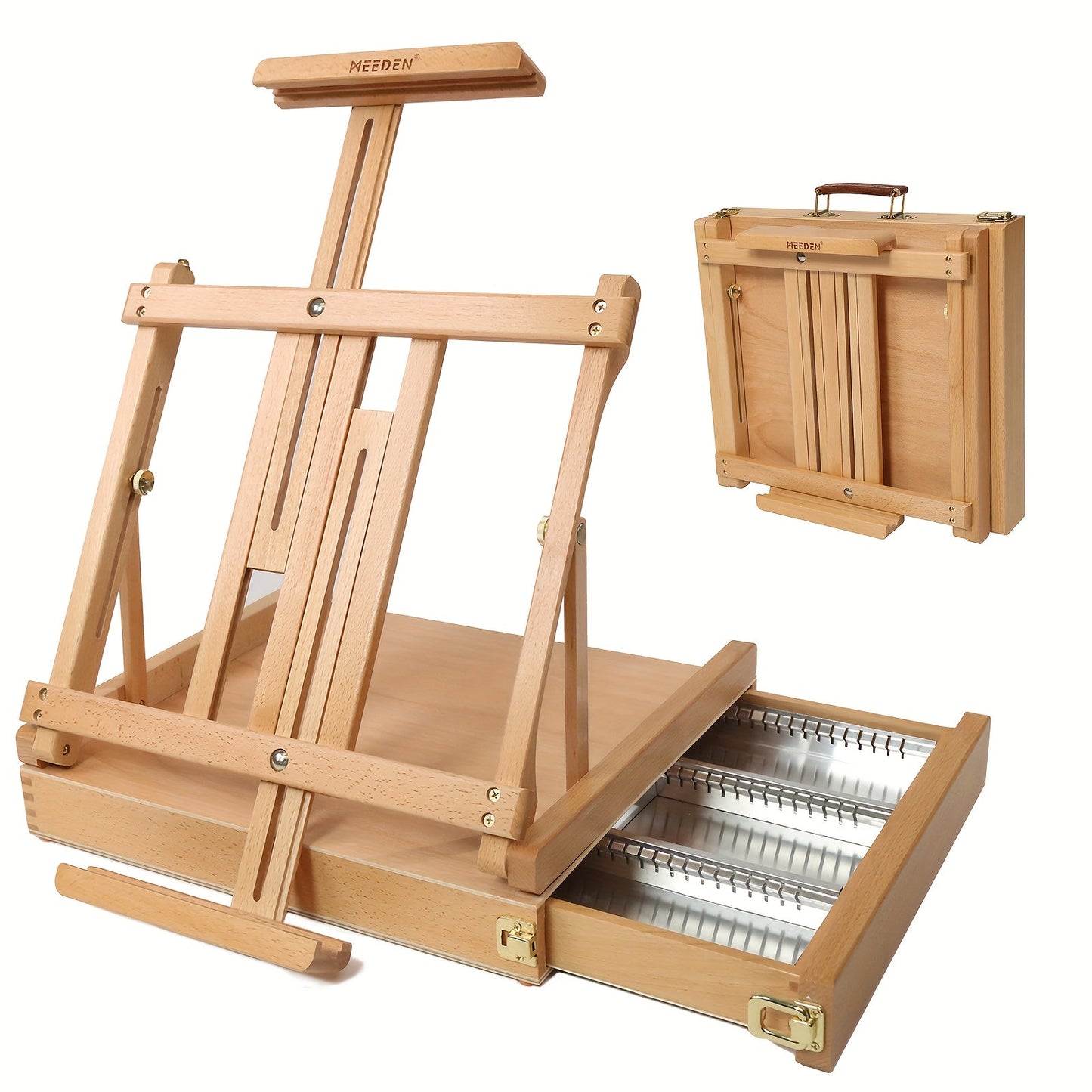 MEEDEN Walnut Finish Natural Beech Wood Tabletop Easel with Metal Lined Drawer - EUV0