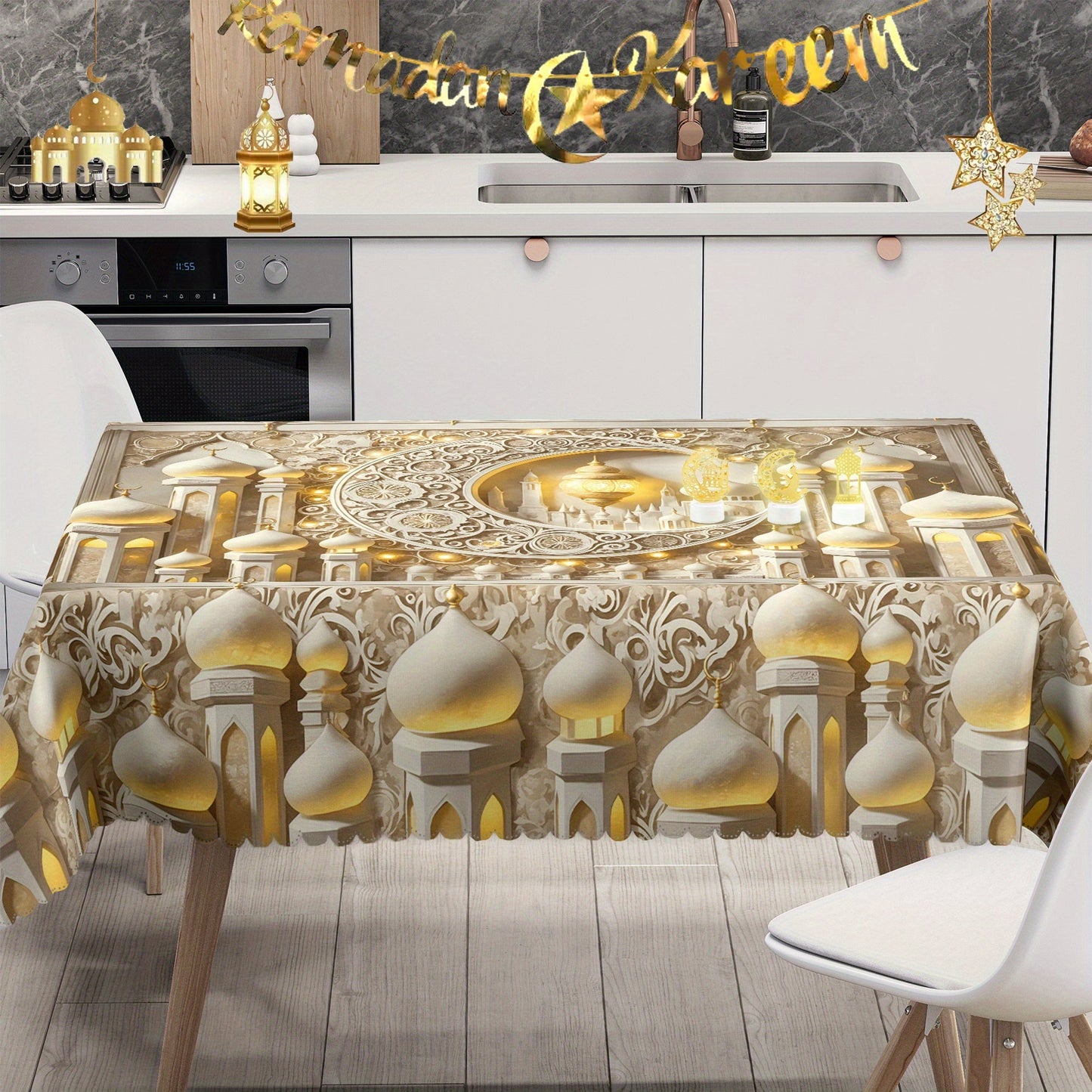 Elegant White Moon & Islamic Architecture Tablecloth TJR9M6D