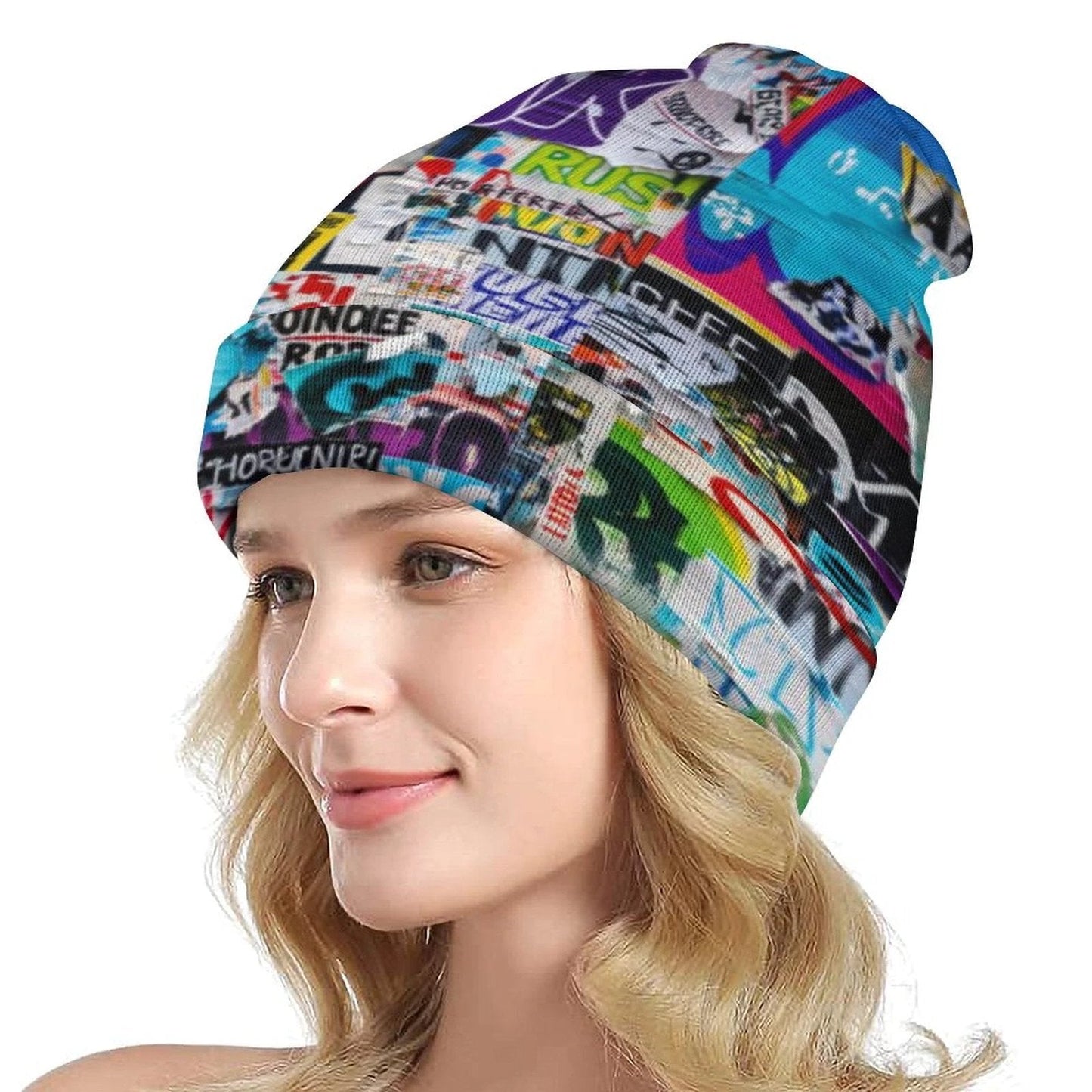 Tag Collage AOP Knit Beanie – All-Over Print, One Size