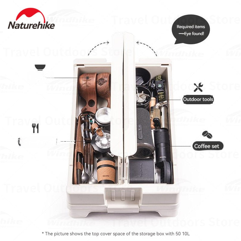Naturehike Multi-Functional Camping Storage Box 25L / 50L Outdoor PP 2 Door Optional + 5L / 10L Compartment Wood Tabletop up to 150kg Stacking Table